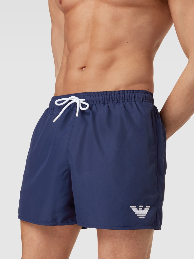 Badehose mit Label-Stitching Modell 'ESSENTIAL' in dunkelblau