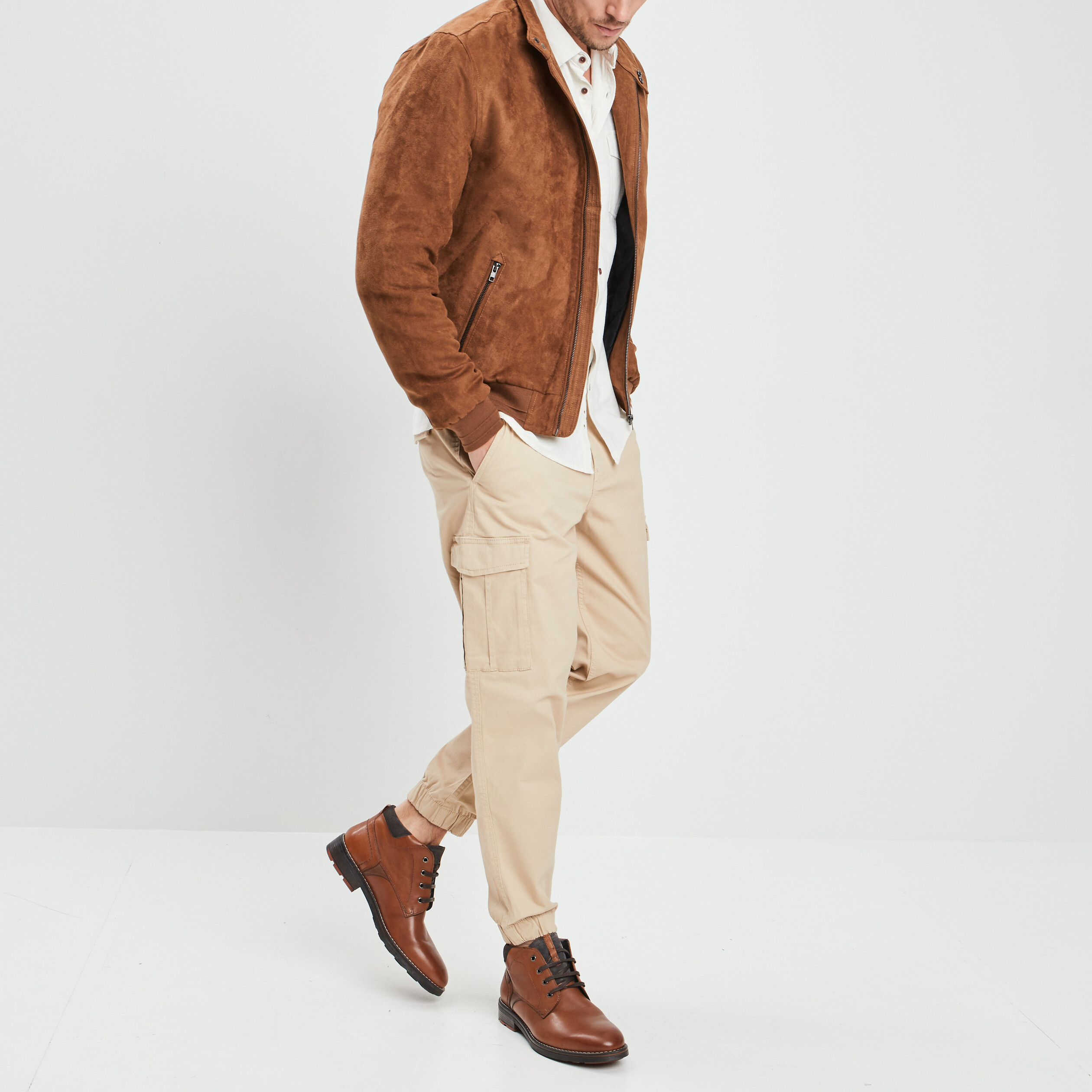 Blouson droit zippé aspect suédine camel homme | La Halle