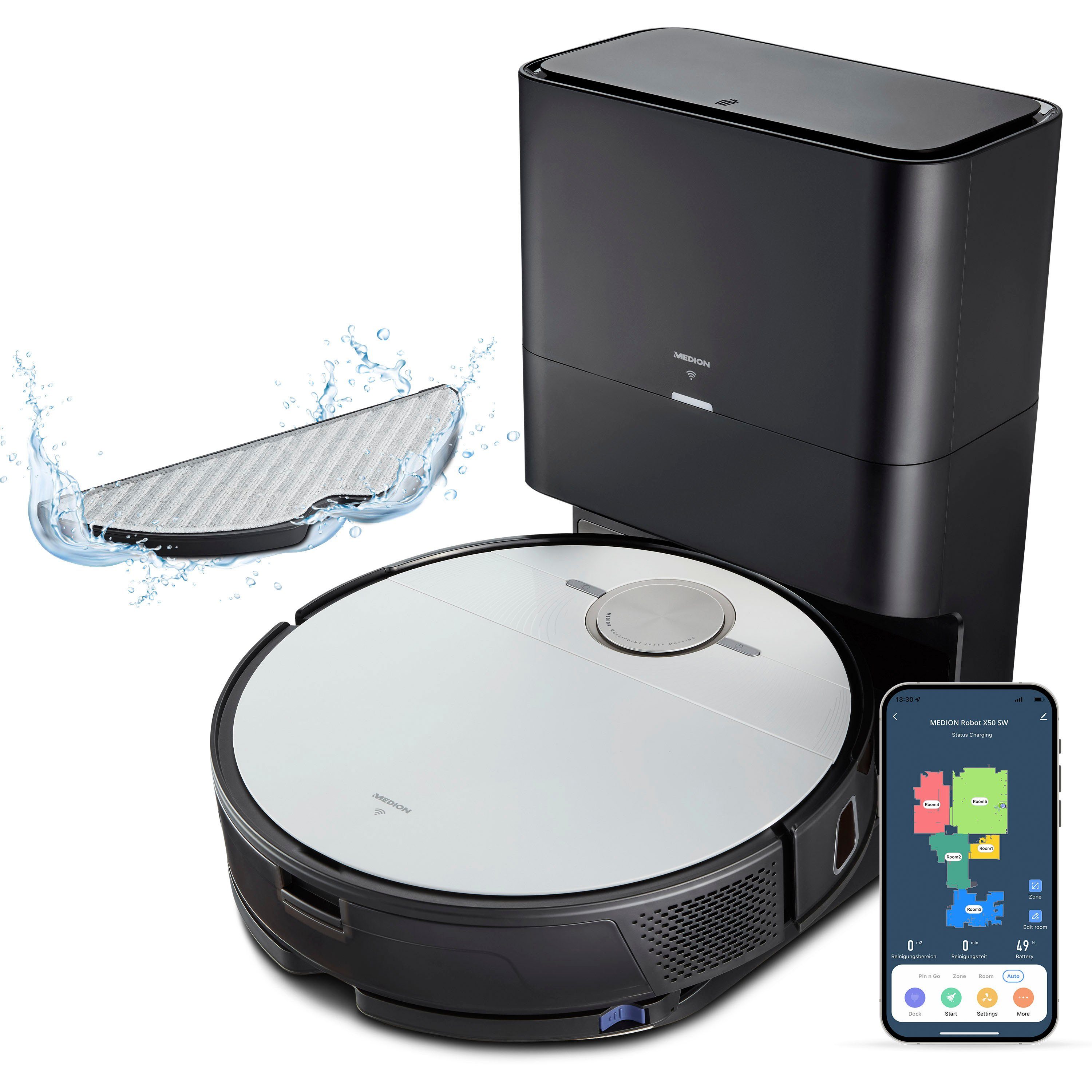 Medion® Saugroboter X50 SW (MD20004), mit Absaugstation, starke 8.000 Pa Saugkraft, No Go & Go Bereiche
