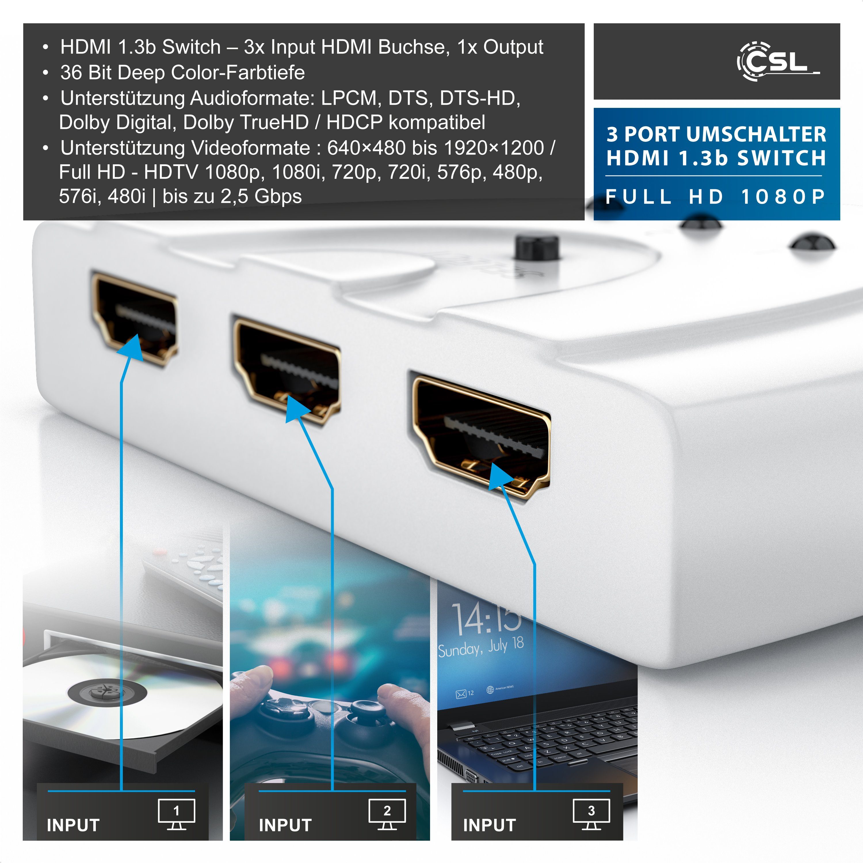 Primewire Audio / Video Matrix-Switch, 3-Port Full HDMI Switch, automatische Umschaltung / 3D / HDCP / CEC