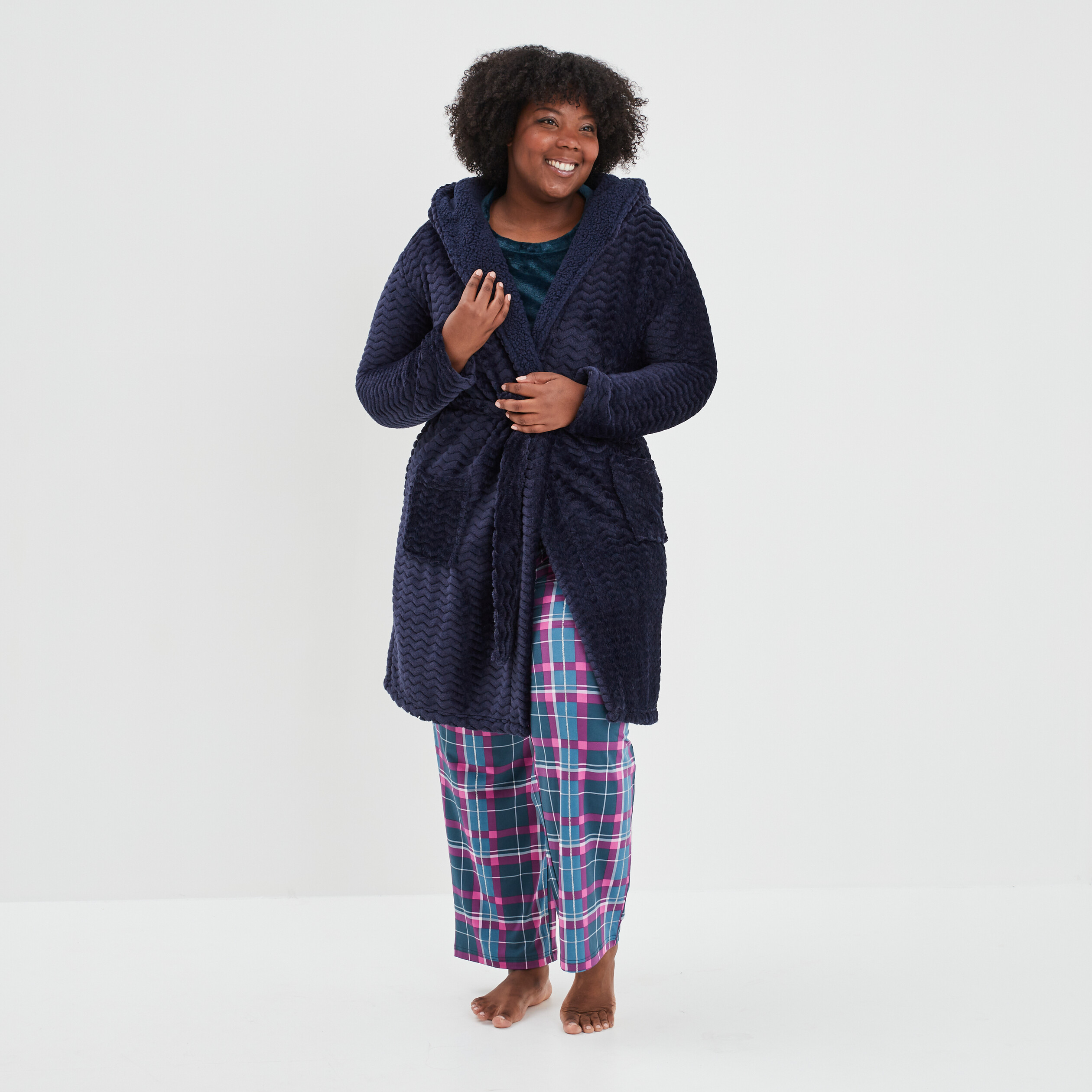 Peignoir velours fils métallisés bleu marine femme grande taille | La Halle