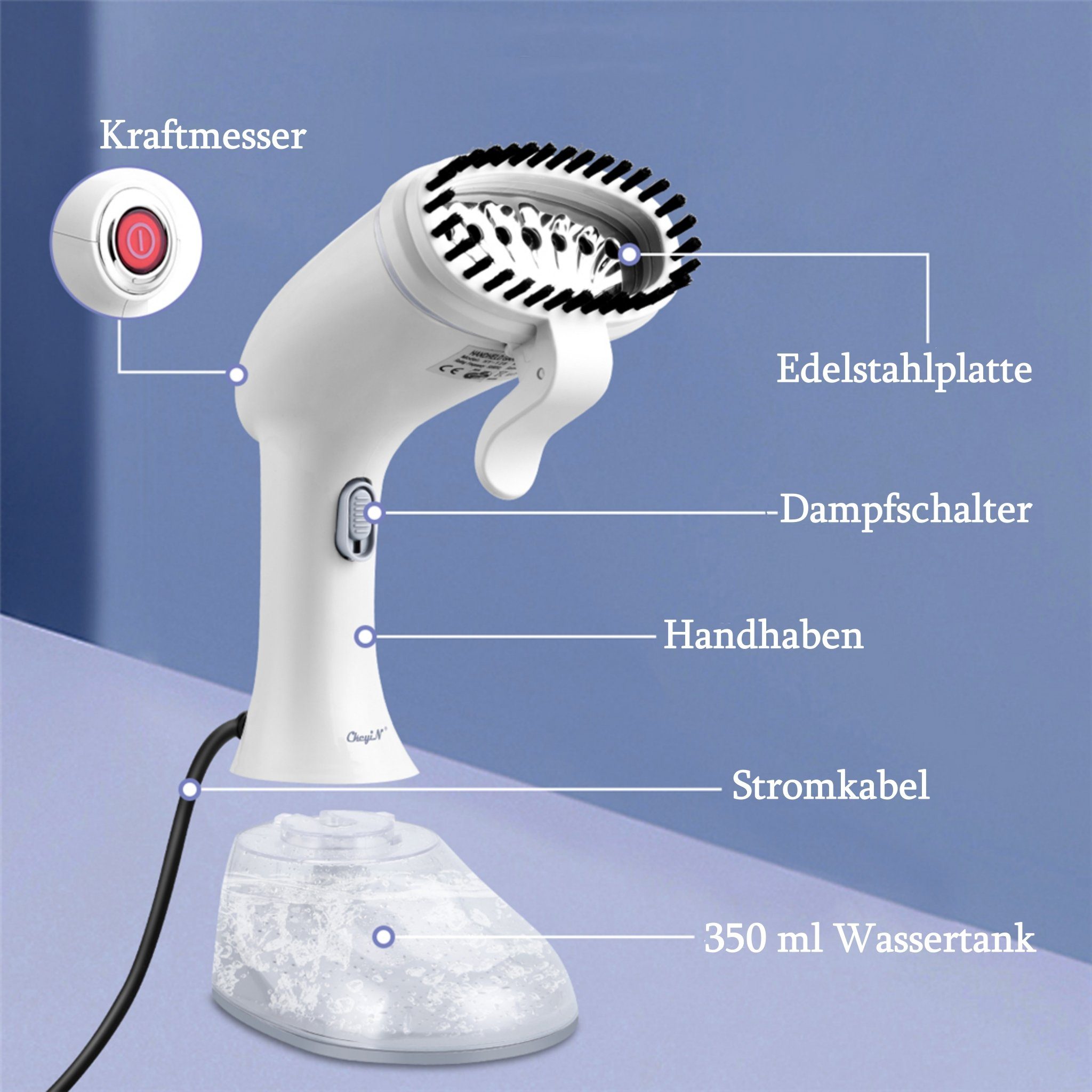 CkeyiN Dampfbürste Handdampfbürste, tragbare Haushaltsdampfbürste, 1640,00 W, glatte Bodenplatte aus Edelstahl, 350ml-Wassertank