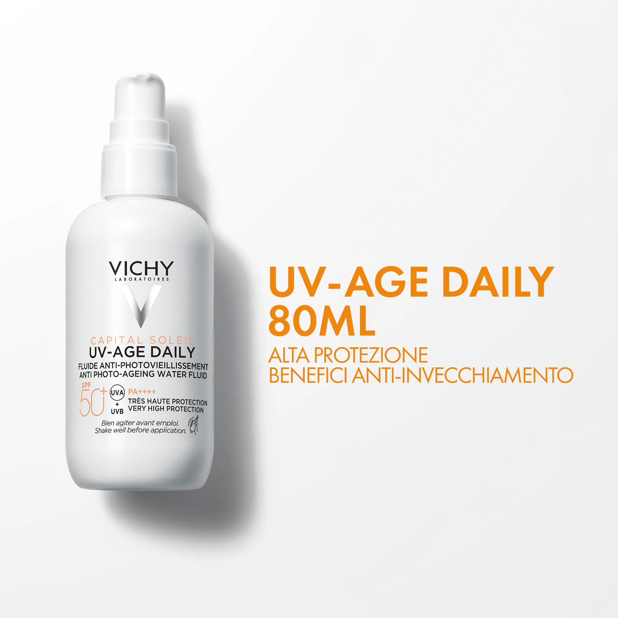„Capital Soleil UV-Age Daily Anti-Photoaging Fluid SPF50+“ – apsauginės priemonės, itin stipriai apsauganti veido apsaugos nuo saulės priemonė.