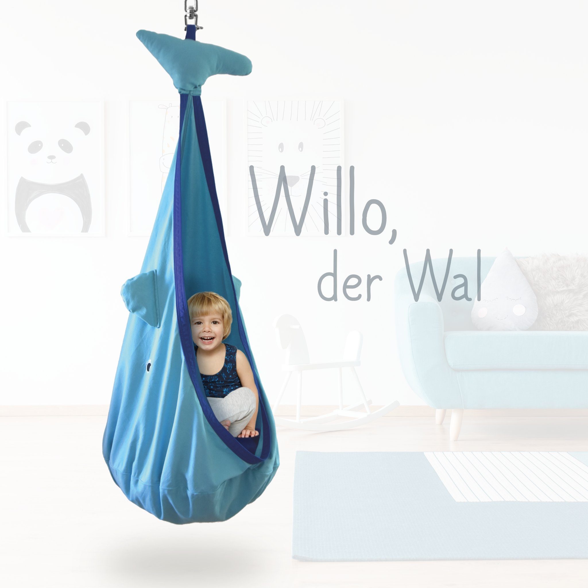 snuutje Familiensachen Hängehöhle Hängesessel für Kinderzimmer indoor (2 Sitzkissen), Hängehöhle ab 3 Jahre, Wal, Pinguin, Einhorn, 100% Baumwolle, bis 80kg