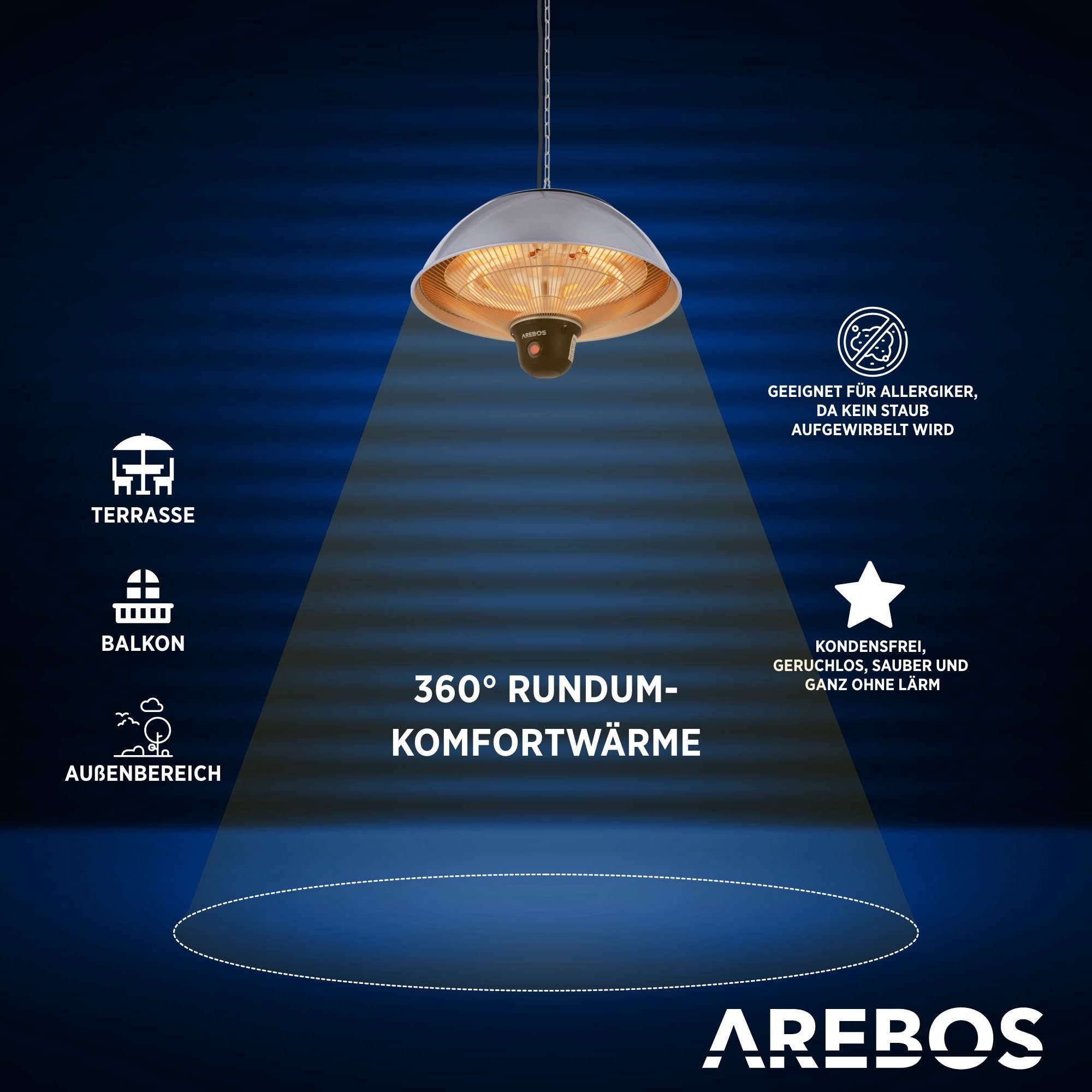 Arebos Heizstrahler Decken-Heizstrahler, Balkonheizer, 3 Heizstufen 500/1000/1500 W, Deckenstrahler