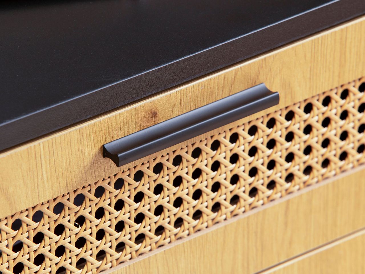 Wohnling Sideboard 80 cm Anrichte Schwarz Kommodenschrank mit Wiener Geflecht