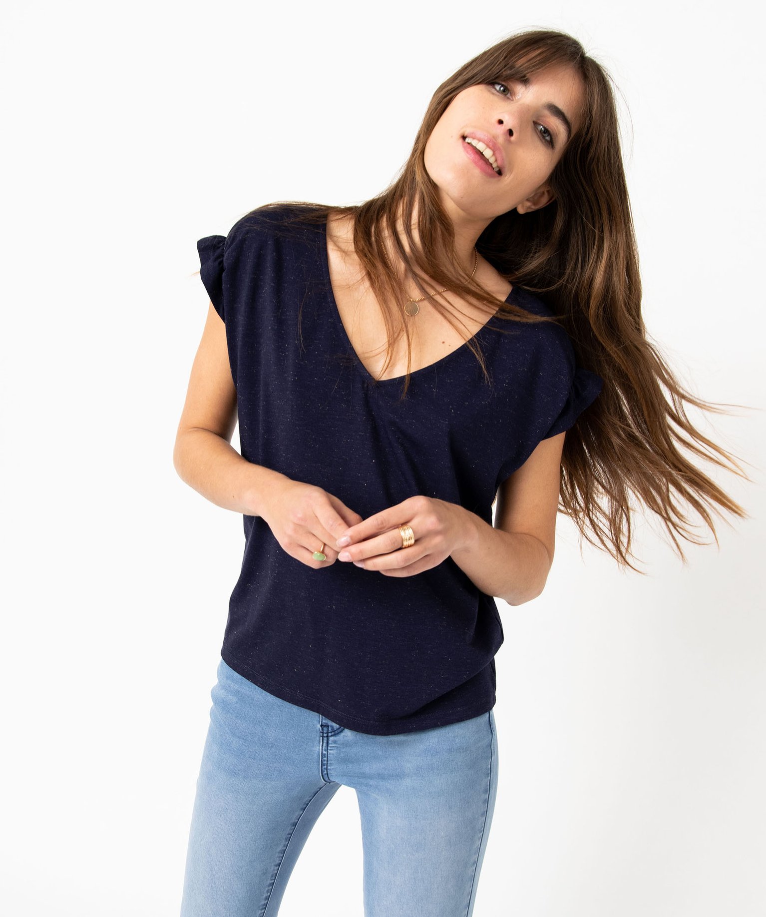 Tee-shirt femme à manches courtes froncées et col V marine | GEMO