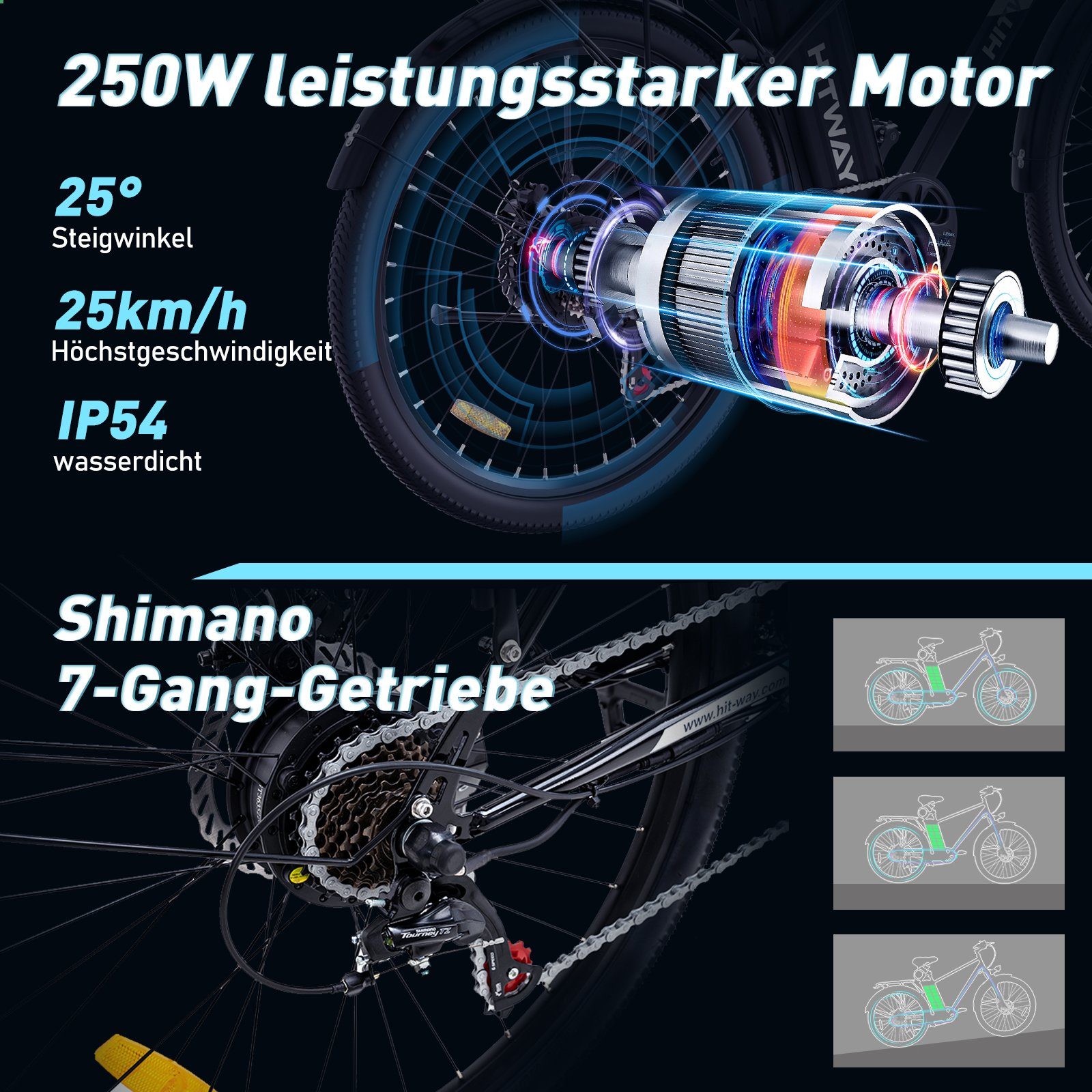 HITWAY E-Bike 26 Zoll Elektrofahrrad Heckmotor, 36V, 14AH 250W, 7 Gang, 7 Gang SHIMANO, Kettenschaltung, Heckmotor, Elektrofahrrad für Damen und Herren 170 - 190 cm, innerhalb der StVZO