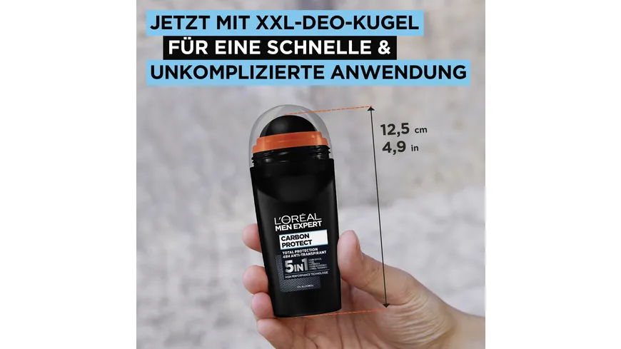 L'Oréal Paris Deo Roll-on Carbon Protect für Männer - 5 in 1 Deodorant 48h Schutz vor Schweiß: Frische & Kontrolle 50 ml