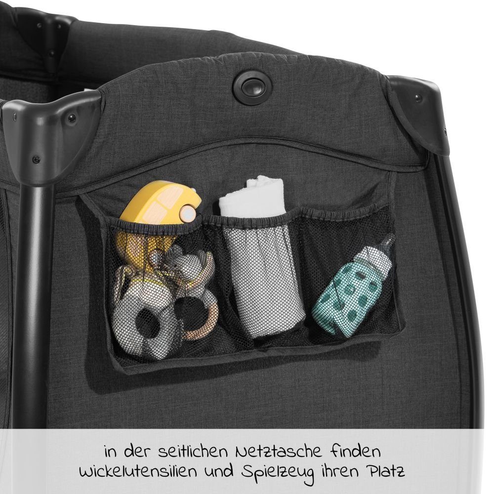 Hauck Baby-Reisebett Play'n Relax Center - Melange Black, 7-tlg., Kinderreisebett mit Matratze, Insektenschutz, Wickelauflage, Einhang