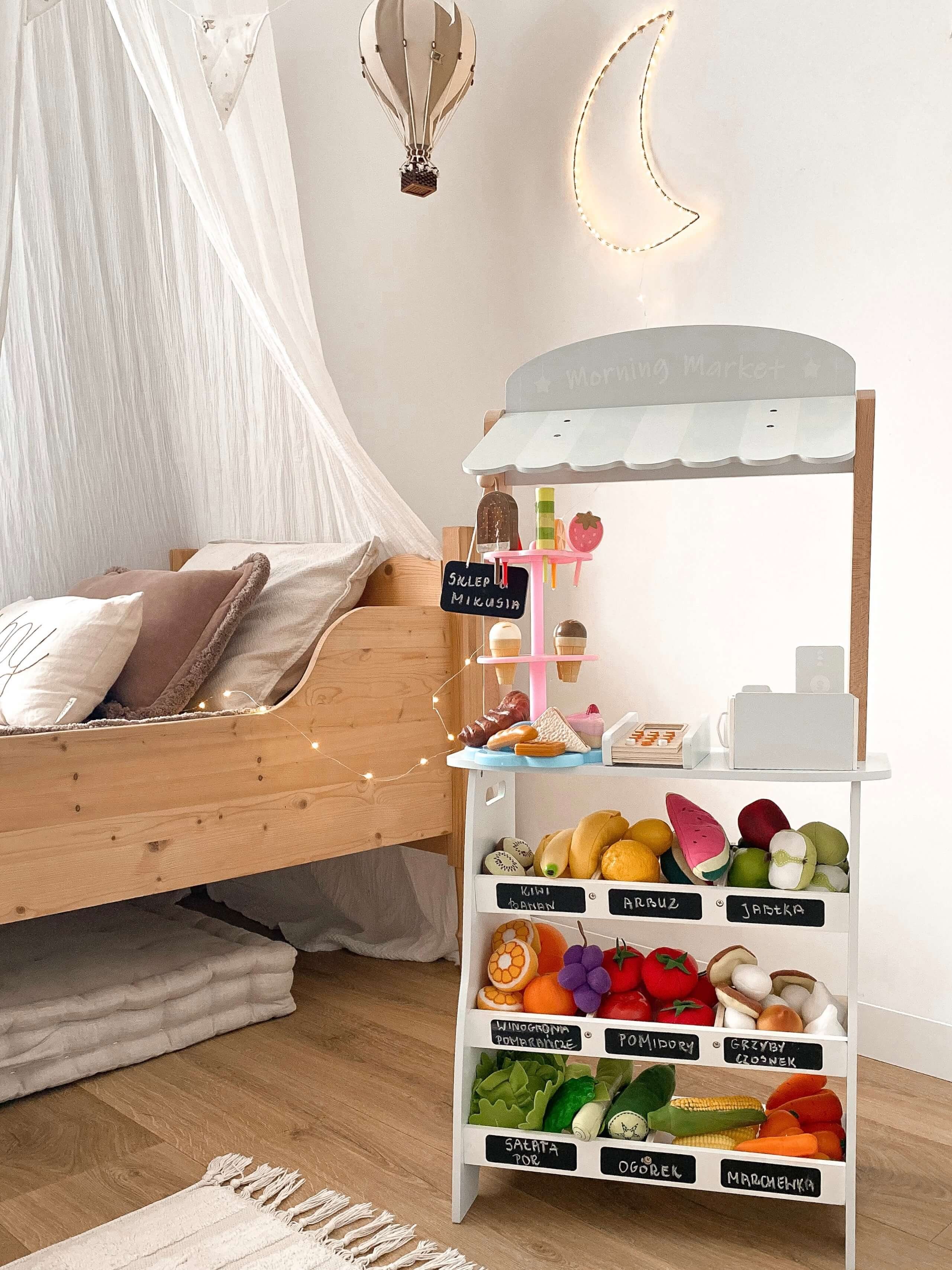Mamabrum Marktschirm Gemüsestand - Holzstand mit Kisten, Kasse und Terminal