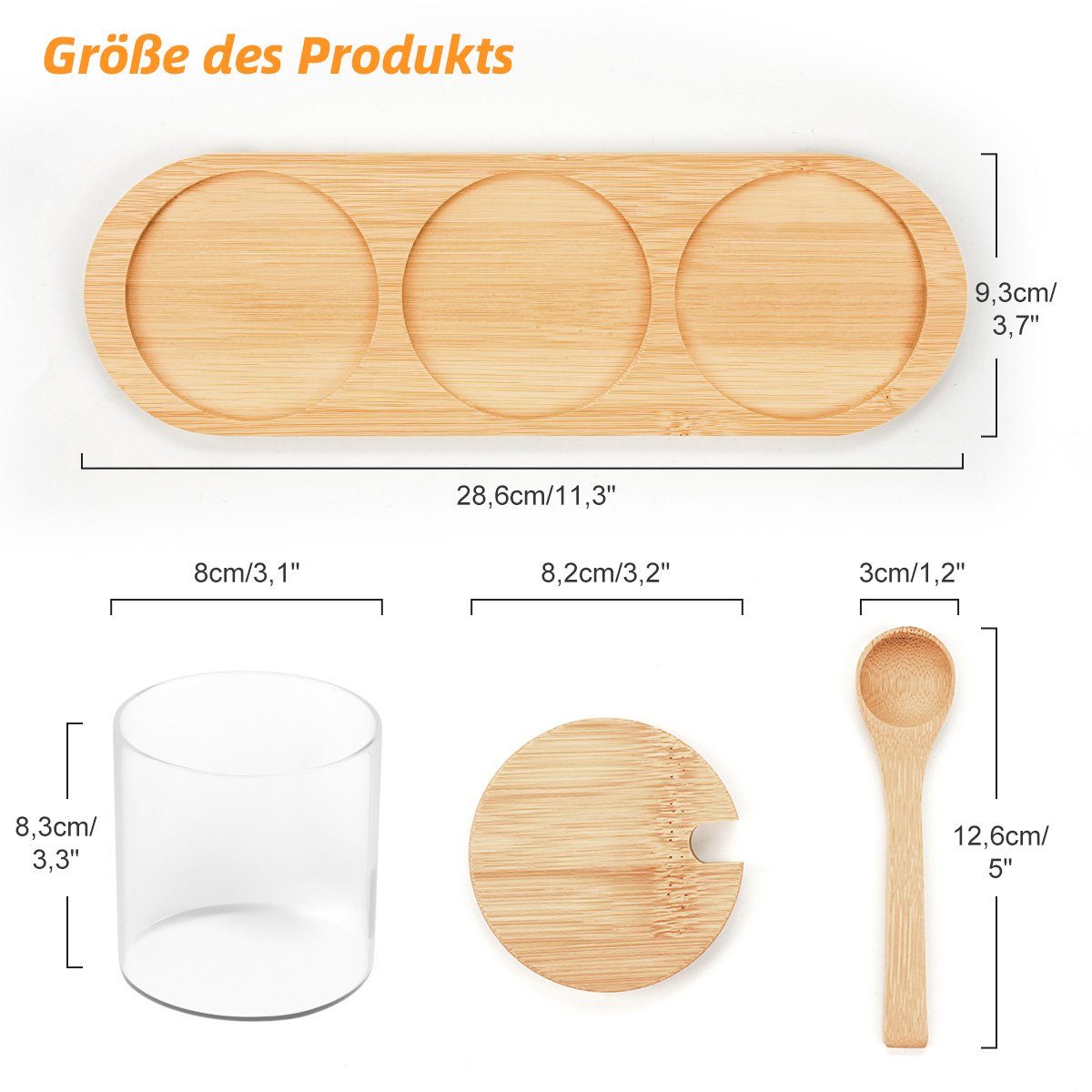7Magic Gewürzbehälter 250ml/300ml Vorratsdosen, Vorratsglas, mit Bambusdeckel und Holzlöffel 3er Set Vorratsgläser