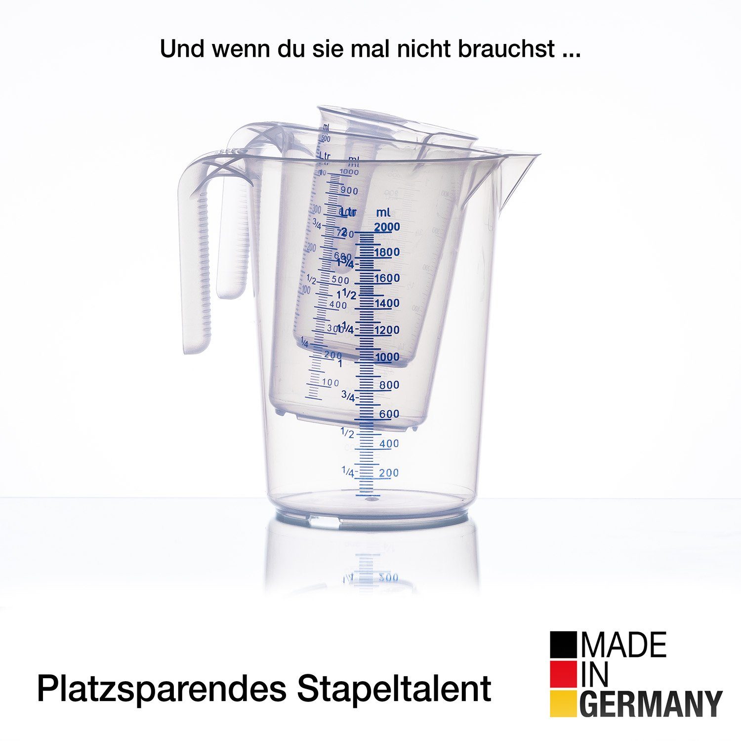 BigDean Messbecher Set 3 Größen: 500ml, 1L, 2L Skala, hitzebeständig Made in Germany, Polypropylen-Kunststoff