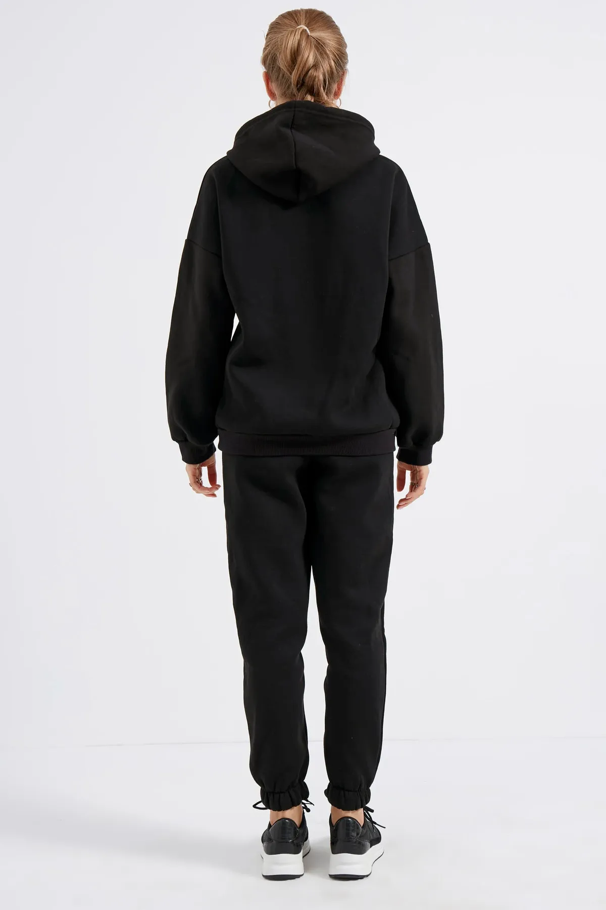 MEECY  Schwarzes Oversize-Trainingsanzugset aus Fleece mit Kapuze für Damen