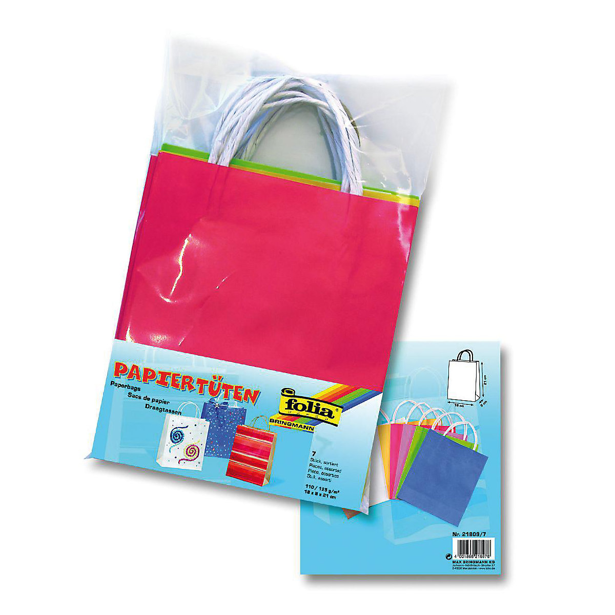 Papier-Geschenktüten 18 x 21 cm, 7 Stück farbig sortiert