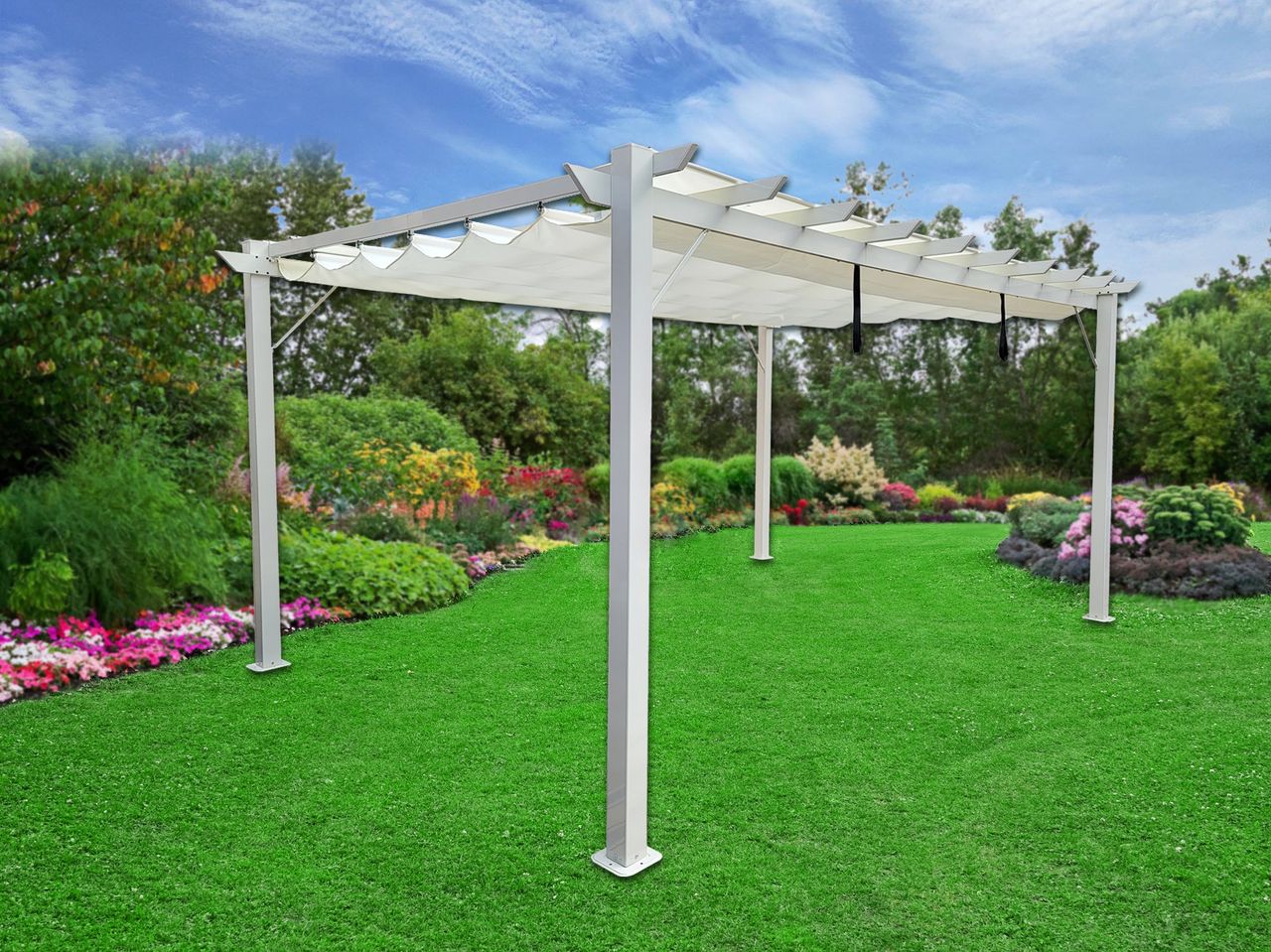 CHILLROI Outdoor Aluminium Pavillon/Pergola 12,25 m² mit verstellbarem Sonnensegel grau / weiss