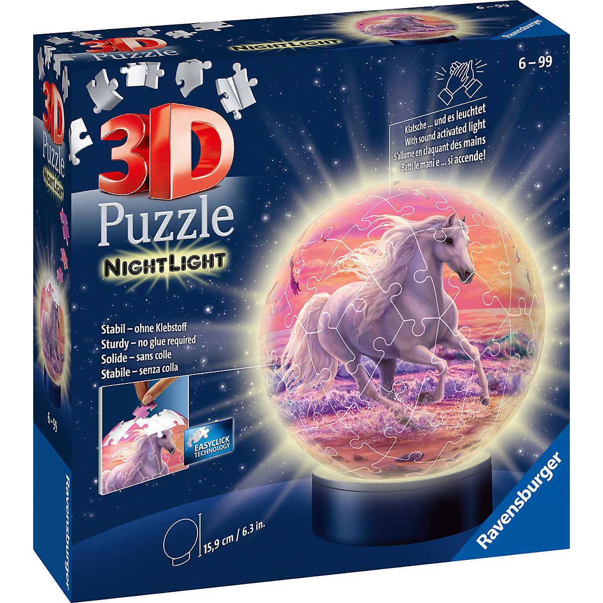 2in1 Nachtlicht & Puzzleball® Ø13 cm, 72 Teile , Pferde am Strand