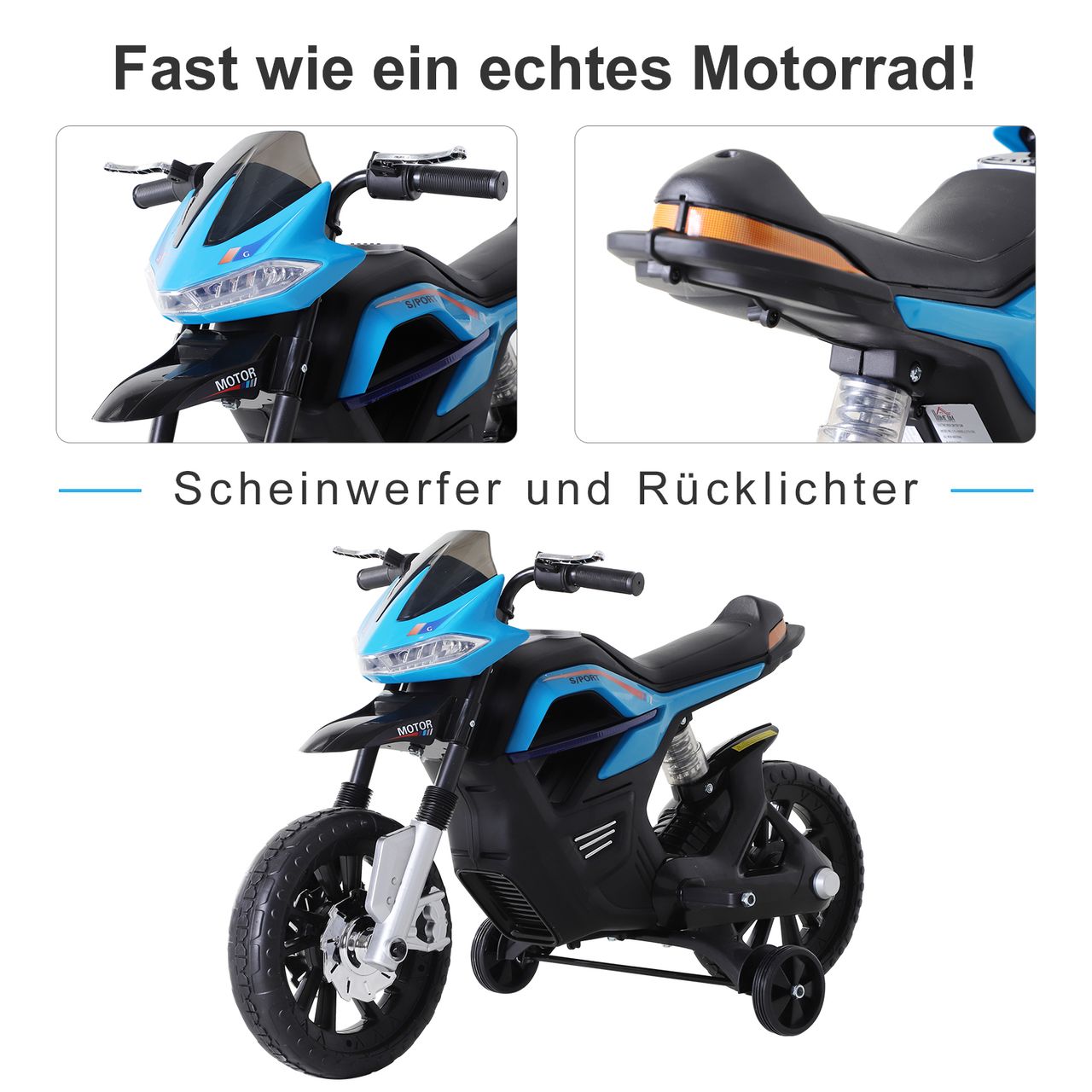 HOMCOM Kindermotorrad Kinder-Elektromotorrad Elektro-Motorrad für Kinder 3-6 Jahren Licht Musik MP3 Elektrofahrzeug mit Stützrädern maximal 3 km/h Metall   Kunststoff Blau 105 x 52,3 x 62,3 cm