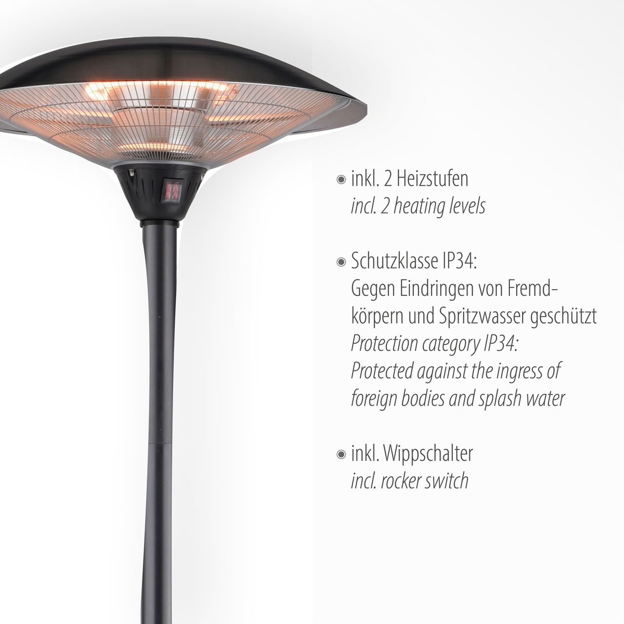 JUST LIGHT Standheizstrahler GLOW, 1500W/3000W, inkl. Wippschalter, IP34, Outdoor