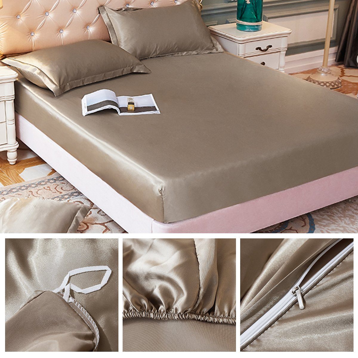 Bettdecke, Kopfkissen + Topper, Satin Seide Bedding 4 teilig Bettwäsche Set Bettbezug Atmungsaktiv, DEBAIJIA
