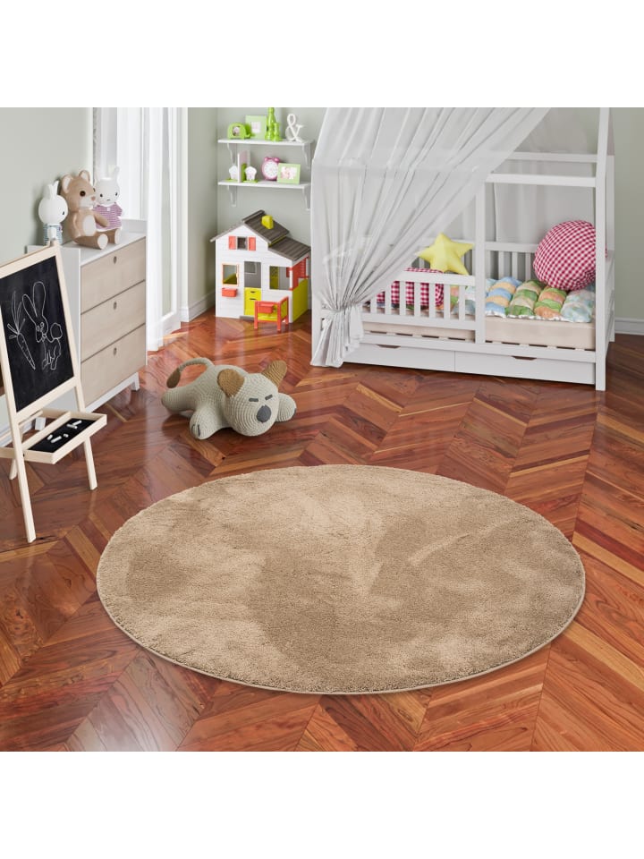 Pergamon Super Soft Kinder Hochflor Teppich Silky Kids Rund in Taupe günstig kaufen