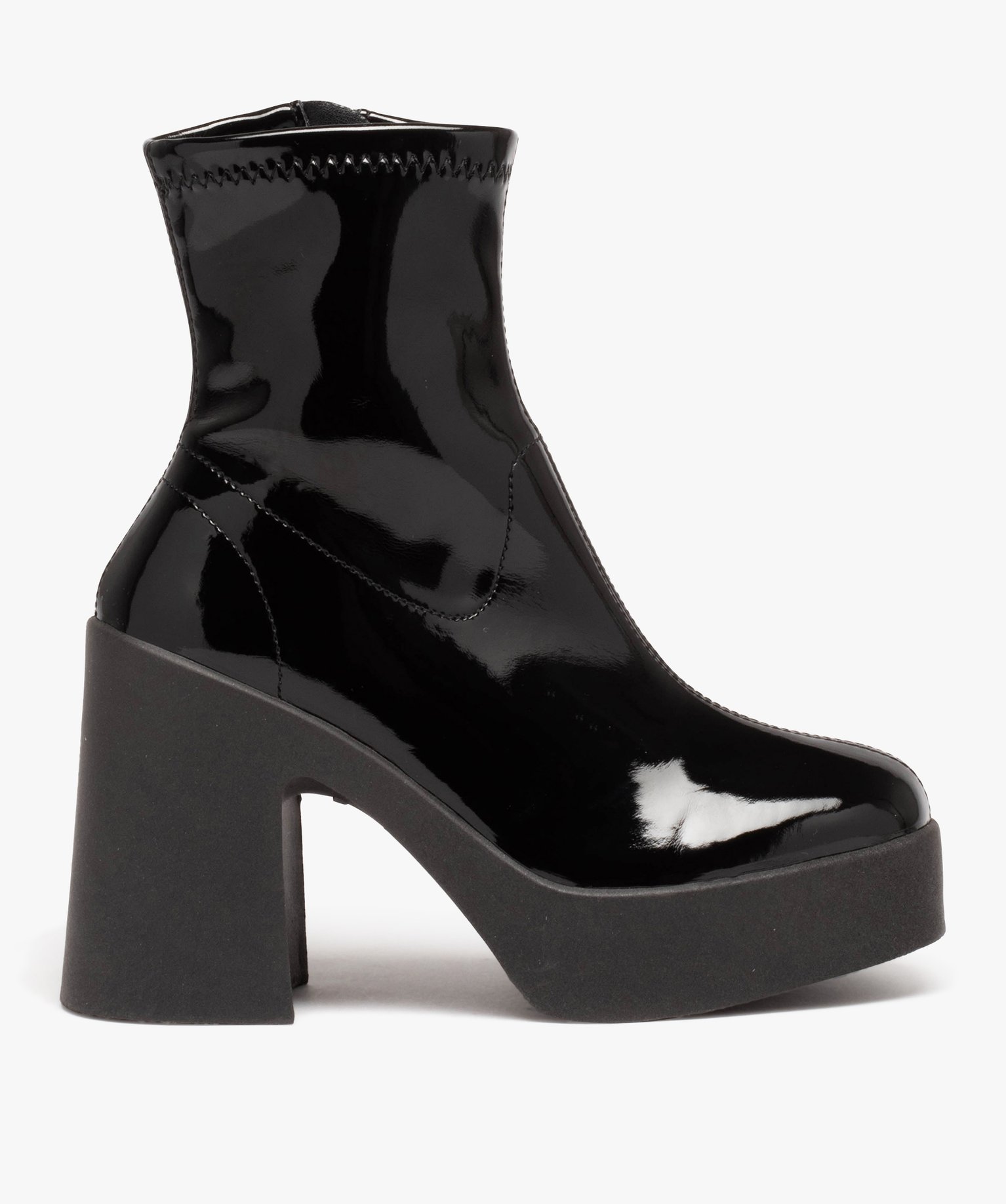 Boots femme vernies à talon flare avec col ajusté et bout ... noir | GEMO