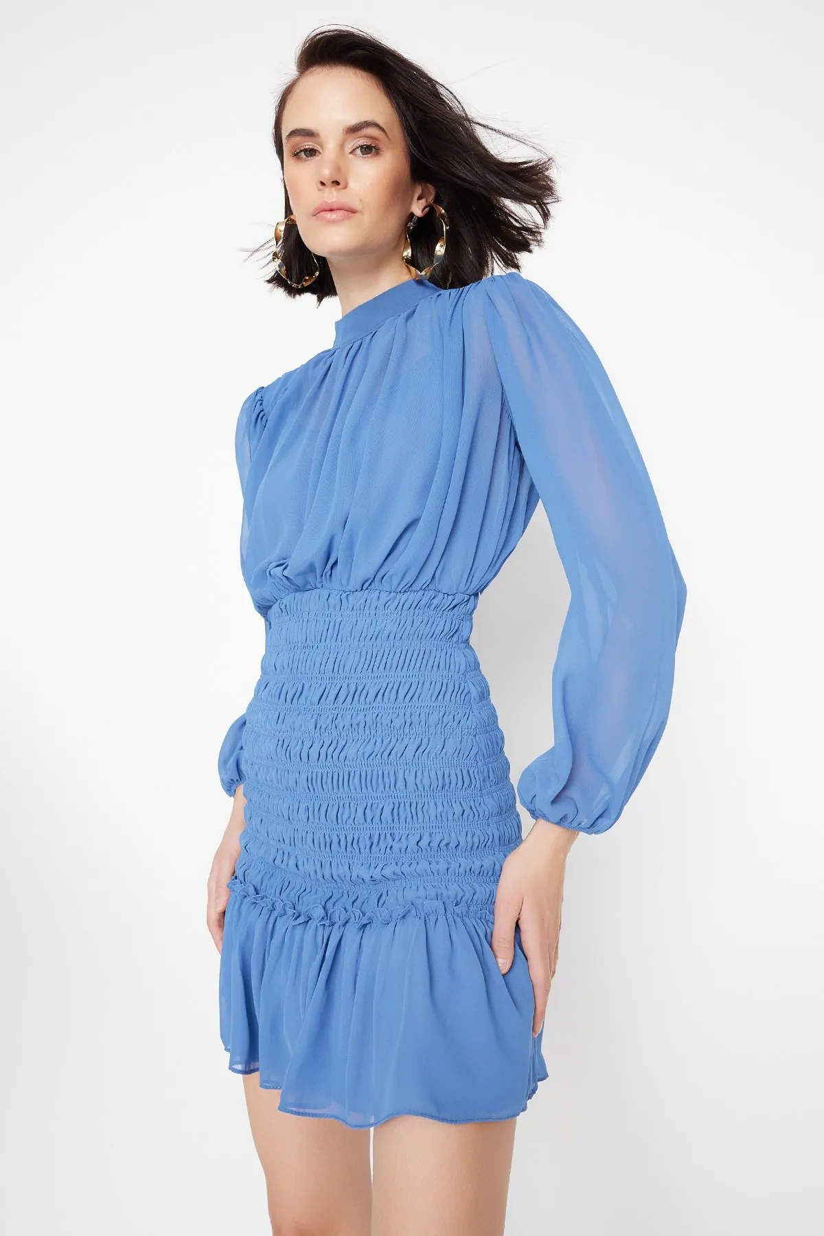 Trendyol Collection  Blauer Mini-Webrock in limitierter Auflage, gerüschtes Chiffon-Webkleid TWOAW23EL01462