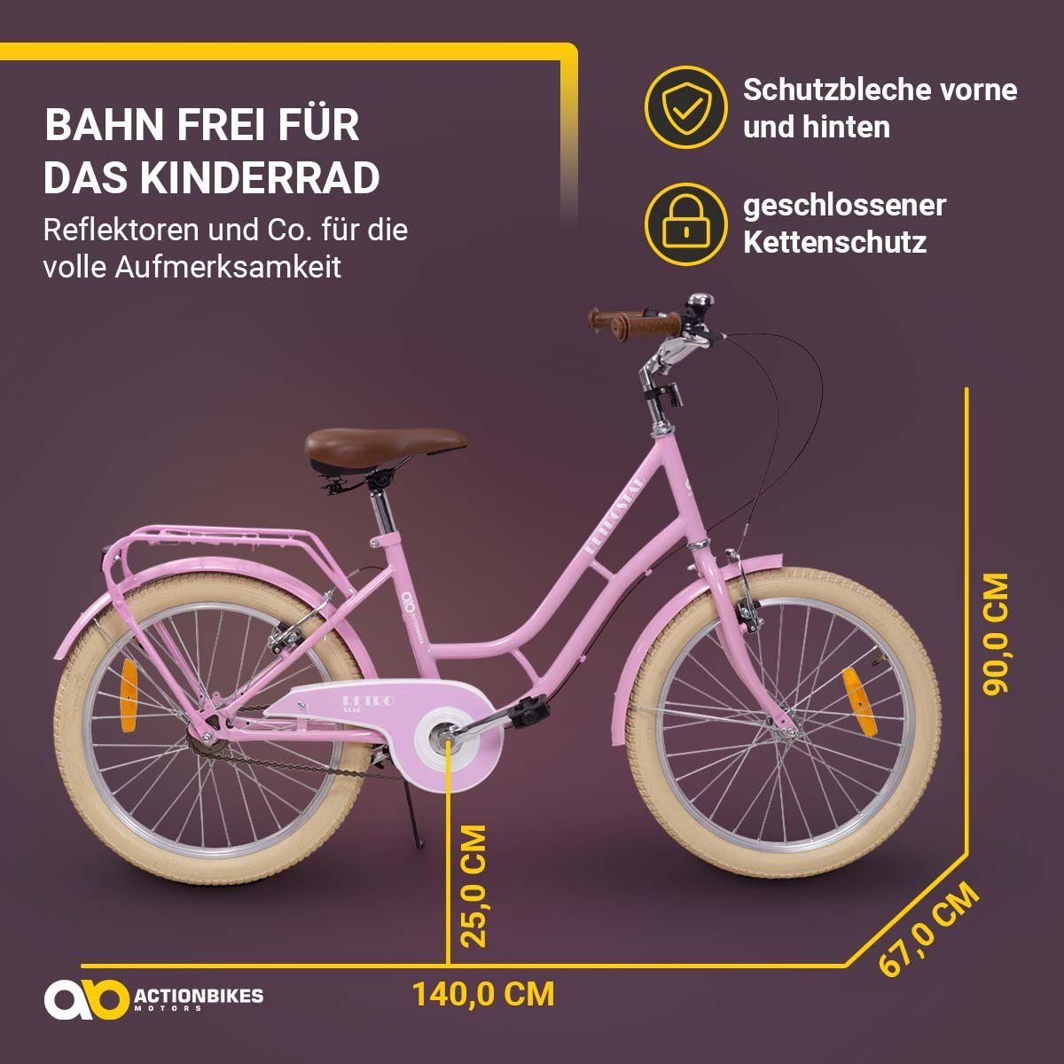 Actionbikes Motors Kinderfahrrad Mädchen Kinder Fahrrad Retrostar in Rosa, 1 Gang, ohne Schaltung, (V-Brakes vorne und hinten - gefederter Sattel, 1-tlg., Rutschfeste Handgriffe - Lenkerschutz - Fahrradständer), Kinderfahrrad 20 Zoll - Mädchenfahrrad
