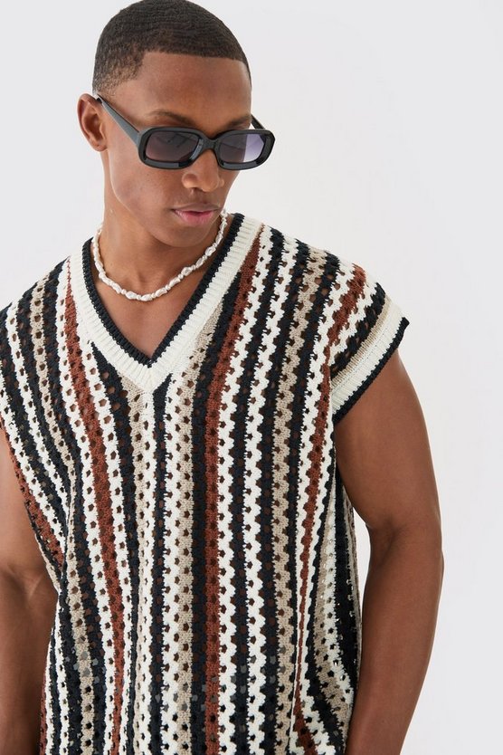 Kastiges gestreiftes Oversize Pullunder mit V-Ausschnitt