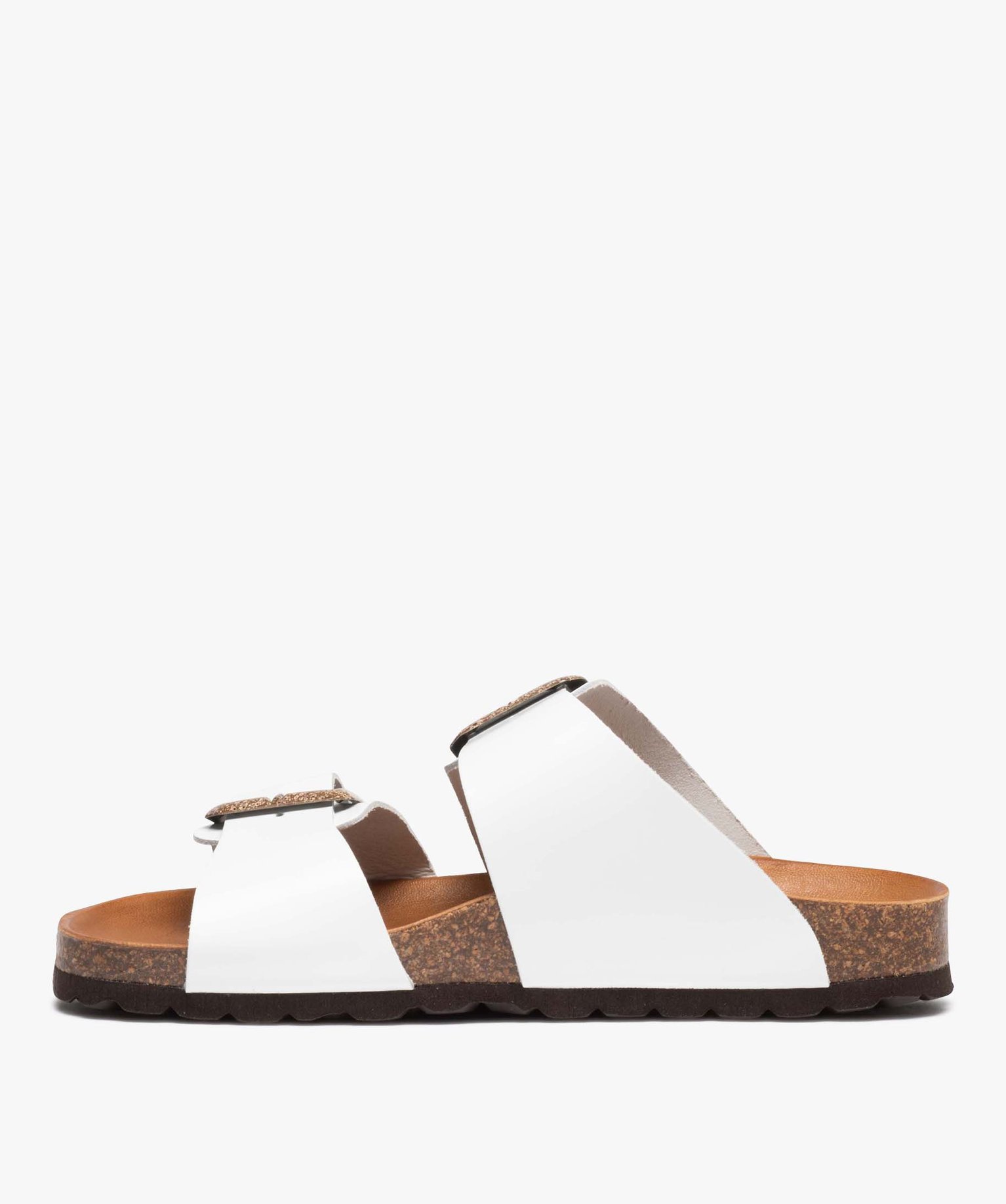 Mules femme unies à larges brides bouclées en cuir blanc | GEMO