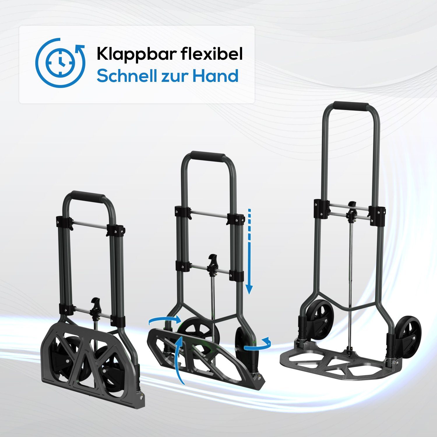TroniTechnik Sackkarre Handkarre Transportkarre Handwagen, klappbar bis 100 kg Tragfähigkeit, (Transportkarre mit fixierbarem Tragegriff, rutschfeste Transportfläche), faltbar, BxTxH 48x42x98cm, Handkarre zum Transport, Schaumstoffgriff