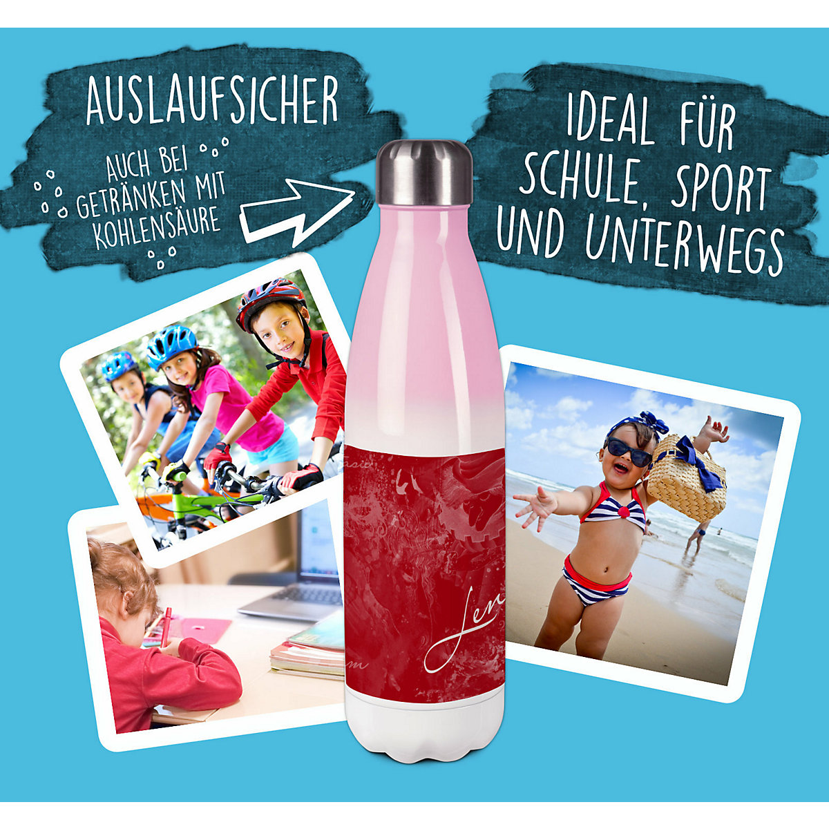 Edelstahl Kinder Thermoflasche / Trinkflasche bunt Traum Farbe rot Spülmaschinenfest, Auslaufsicher, Bruchfest, Doppelwandig, Für Heißgetränke geeignet, Mit Deckel, Isoliert