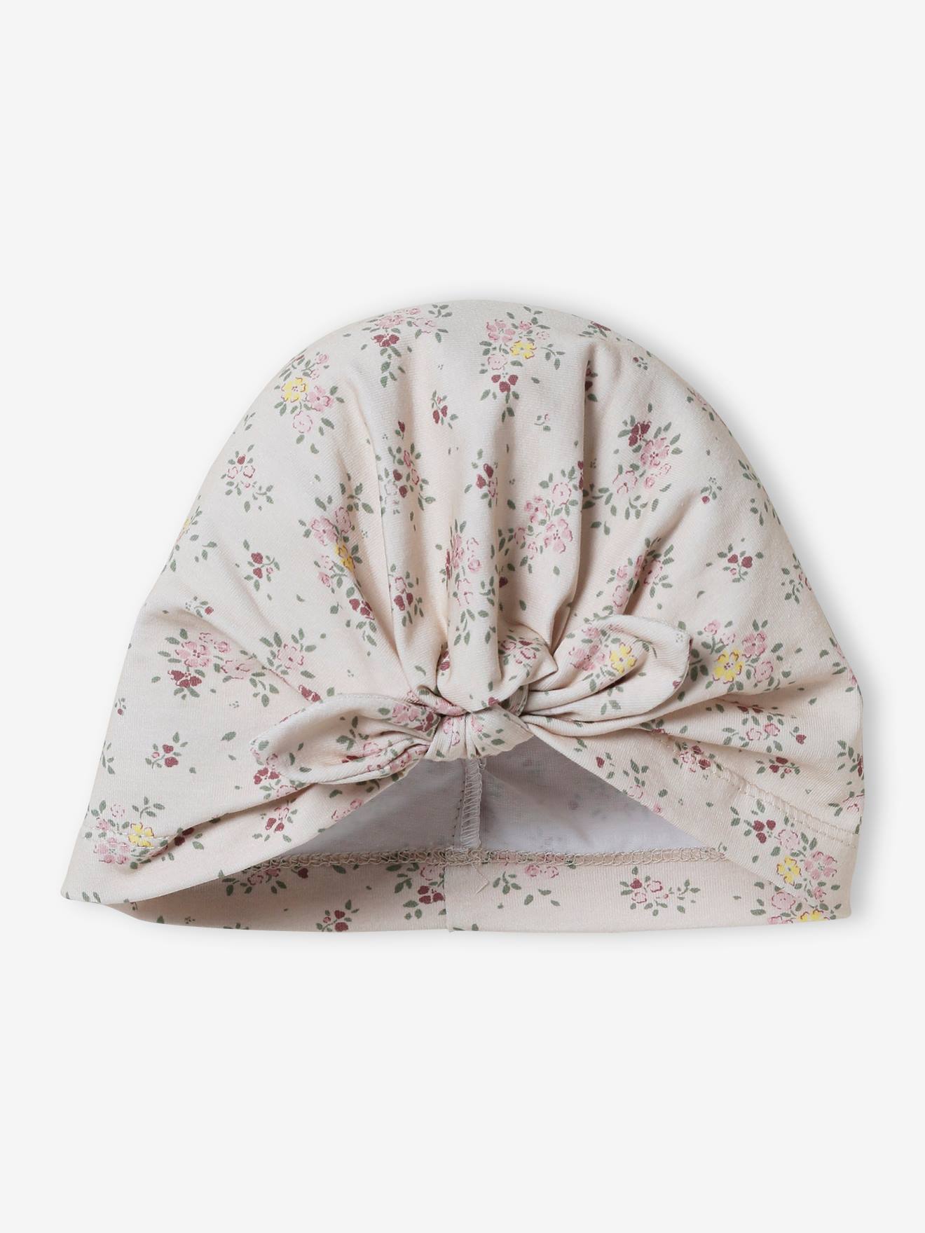 Bonnet esprit turban bébé fille en maille imprimée beige poudré