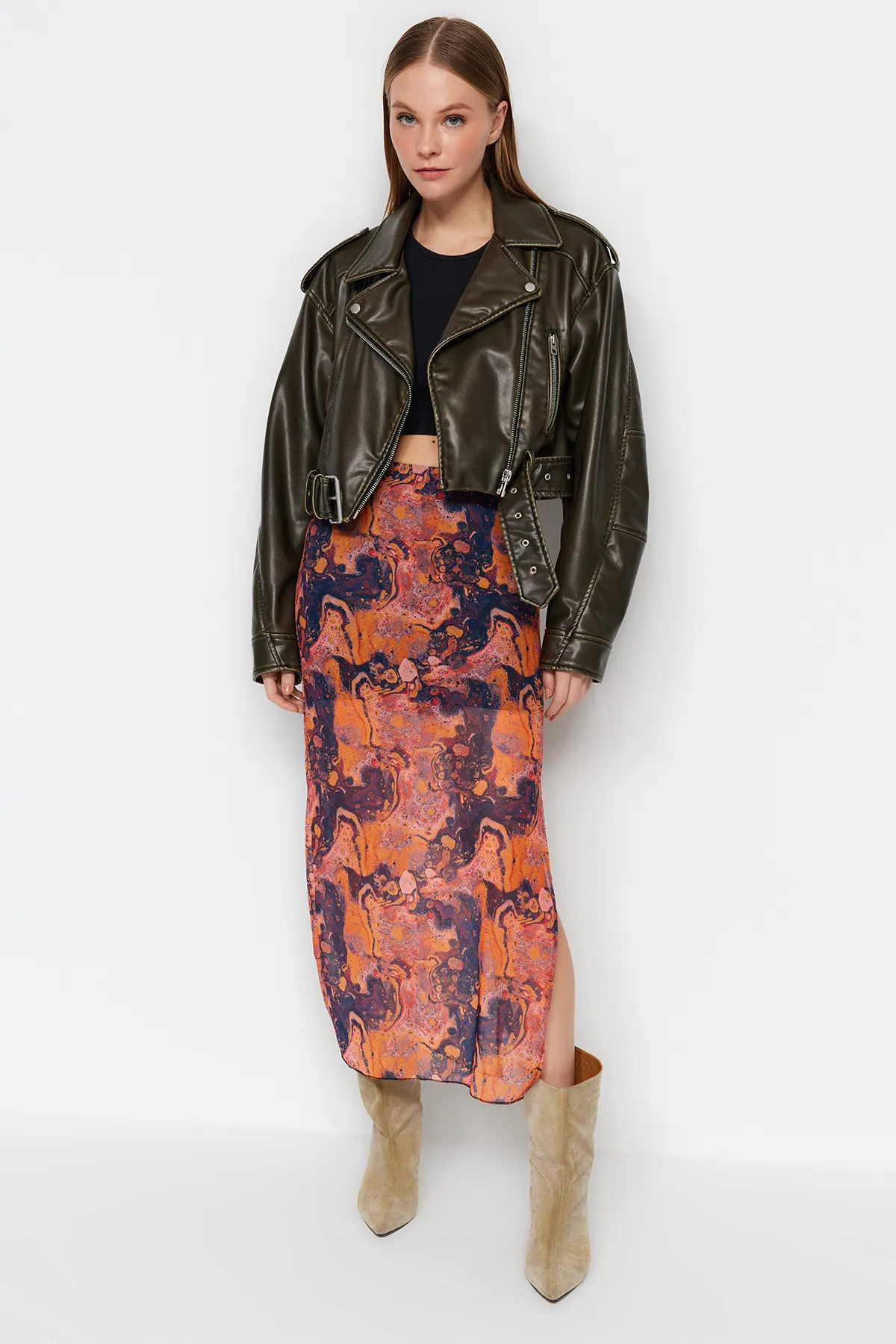 Trendyol Collection  Orange gemusterter Maxi-Tüllrock mit Spitzendetail und Stretch-Strick TWOSS23ET00369