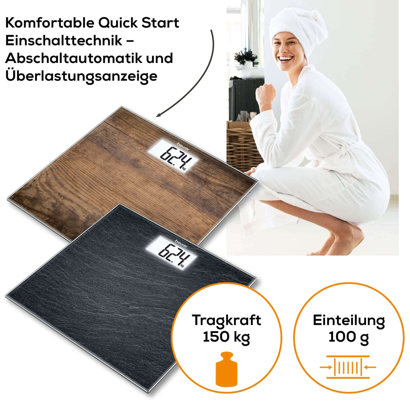 Beurer Glaswaage GS 203 Wood-Personenwaage aus Glas mit beleuchtetem XL-Display - bis 150 kg