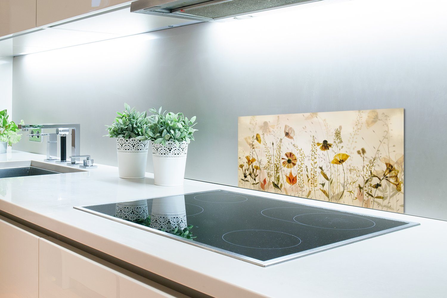 MuchoWow Küchenrückwand Illustration - Pflanzen - Insekten - Beige, (1-tlg), 60x30 cm, Wandschutz, gegen Fett und Schmutzflecken für Küchen