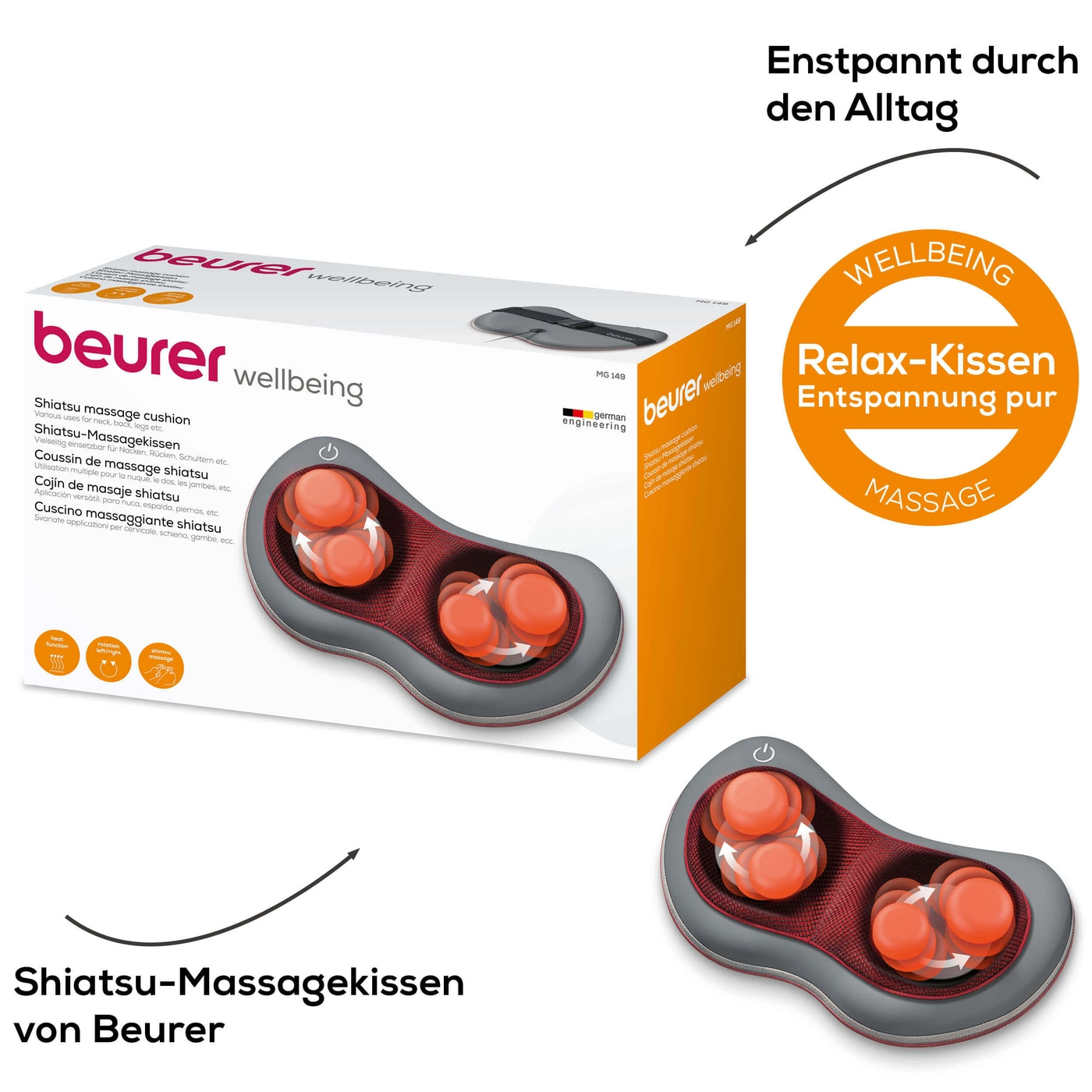 Beurer Shiatsu-Massagekissen MG 149-Fixierbares Massagekissen in ergonomischen Design, Licht- & Wärmefunktion