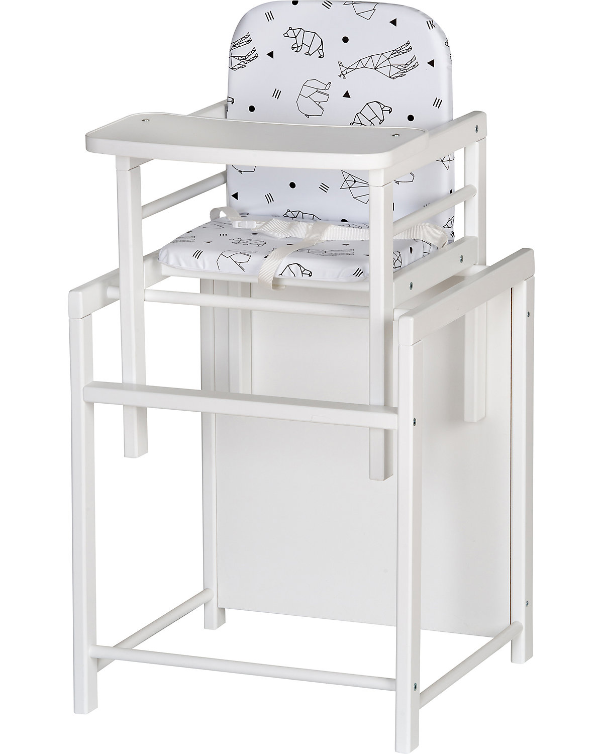 Hochstuhl X-TRA weiß, Massivholz Buche, Folie Origami Black, umbaubar zur Tisch-Stuhl-Kombination