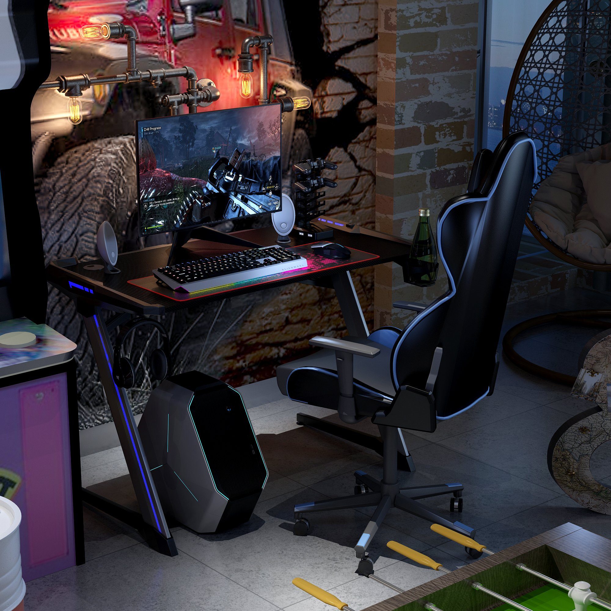 COSTWAY Gamingtisch, RGB-Led, Controller-Halterung mit 4 USB, Z-förmig 120cm