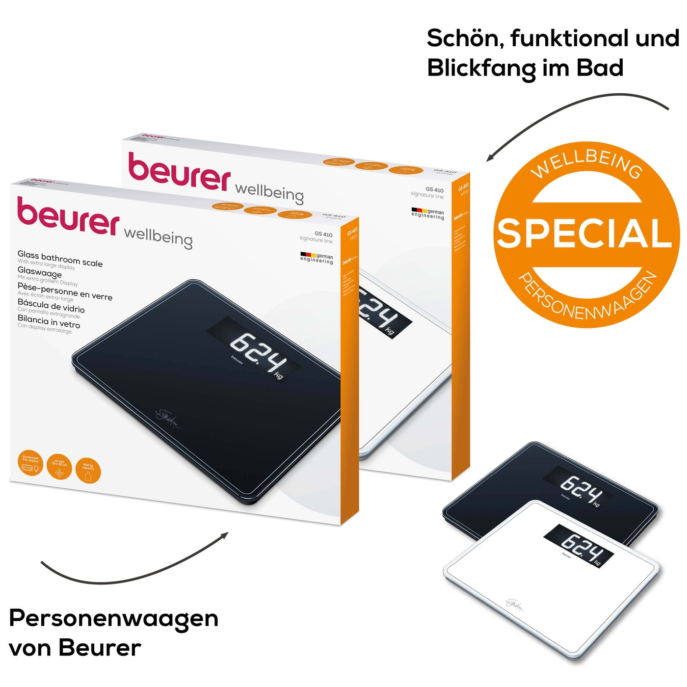 Beurer Glaswaage GS 410 SignatureLine White-Personenwaage aus Glas im edlen Design & großer Zifferngröße - bis 200 kg
