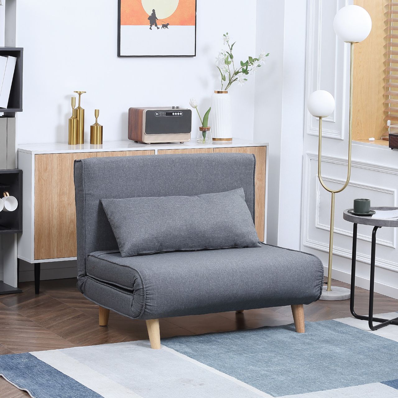 HOMCOM Einzelsofa Schlafsofa Sofabett Klappsofa verstellbar Rückenlehne Liege nordisch skandinavisch 25D Schaumstoff Haus Leinenimitat Tannenholz Grau