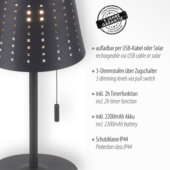 LED Akku-Solar-Tischleuchte Mandy, anthrazit
