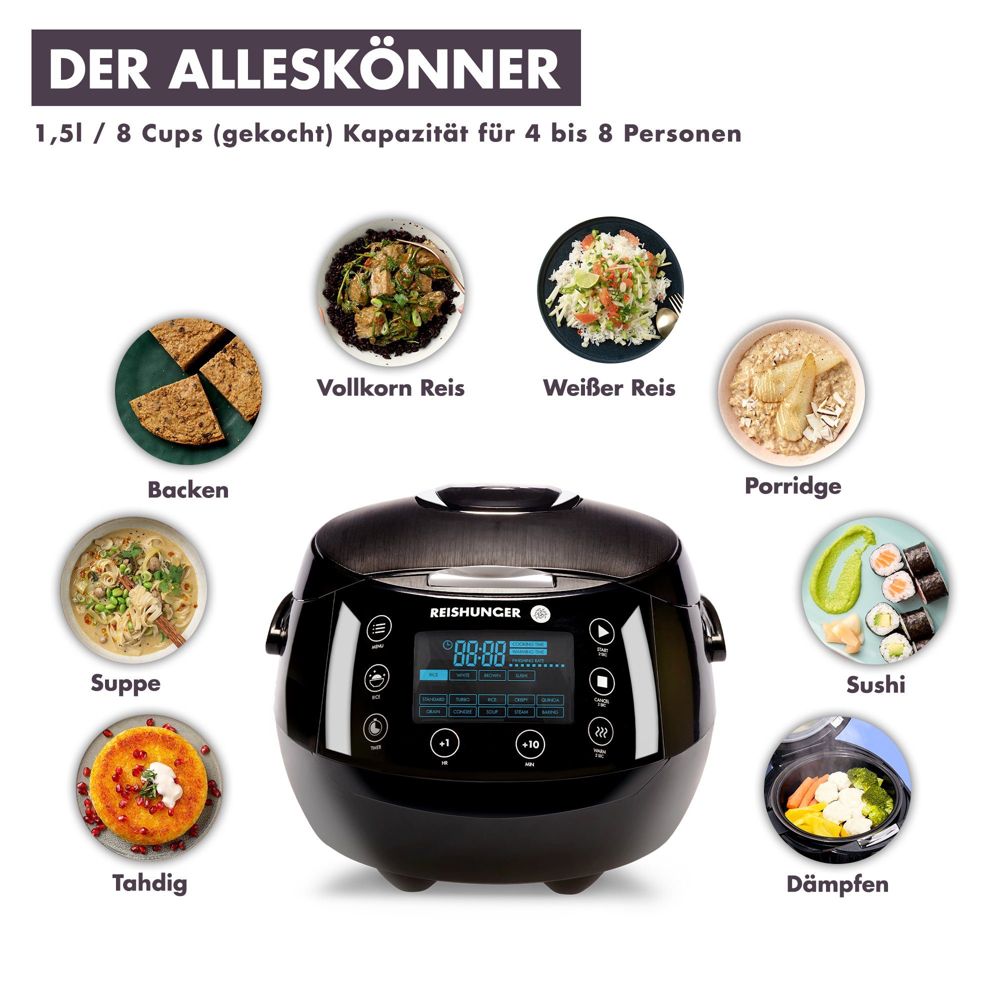 Reishunger Reiskocher - Digitaler Reiskocher & Dampfgarer, 860 W, Timer- und Warmhaltefunktion, 7-Kochphasen-Technologie, LED-Display