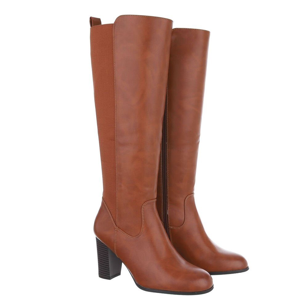 Ital-Design Damen Elegant High-Heel-Stiefel Blockabsatz High-Heel Stiefel in Camel