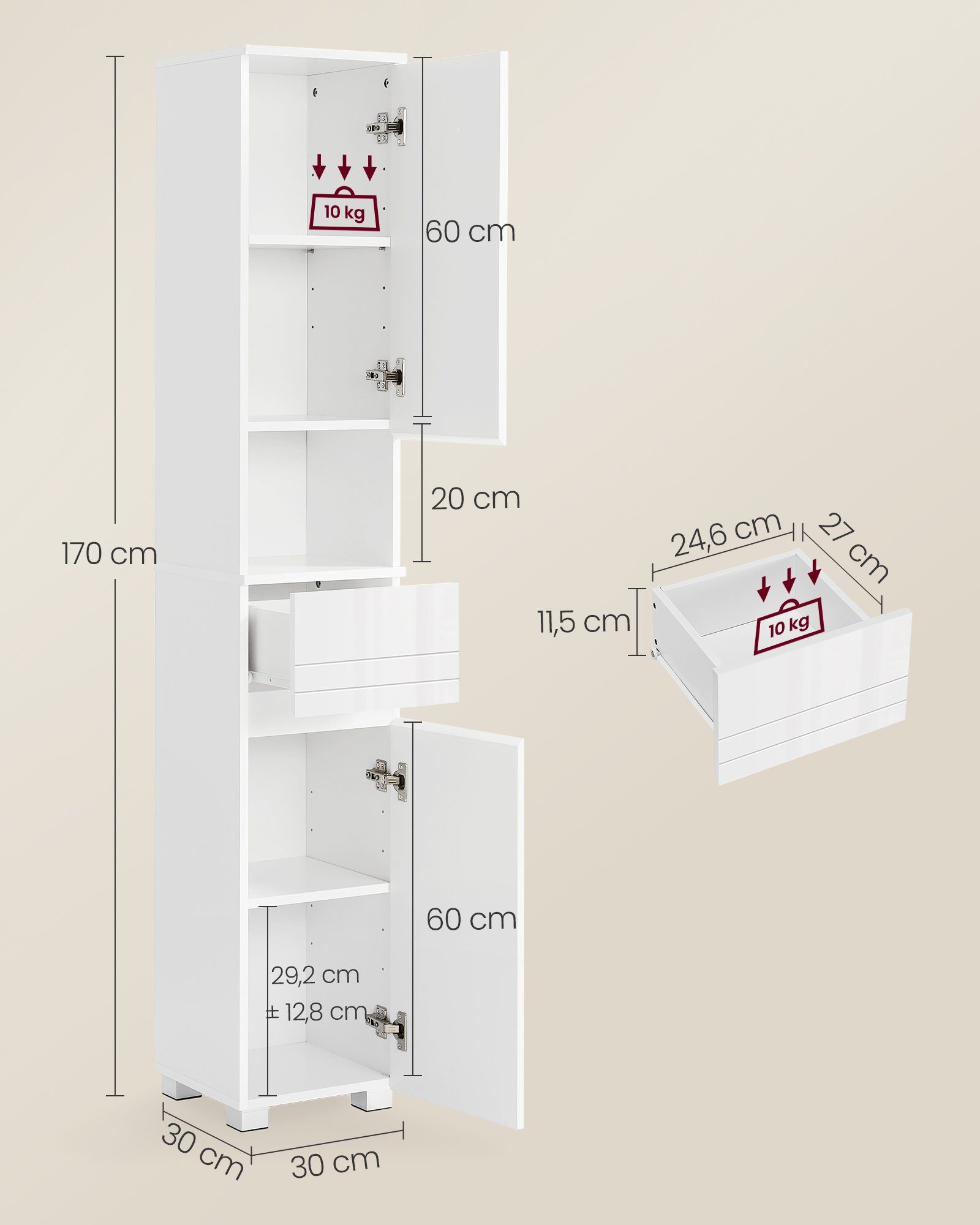 VASAGLE Badkommode Badezimmerschrank, mit einer Schublade, verstellbare Ablagen