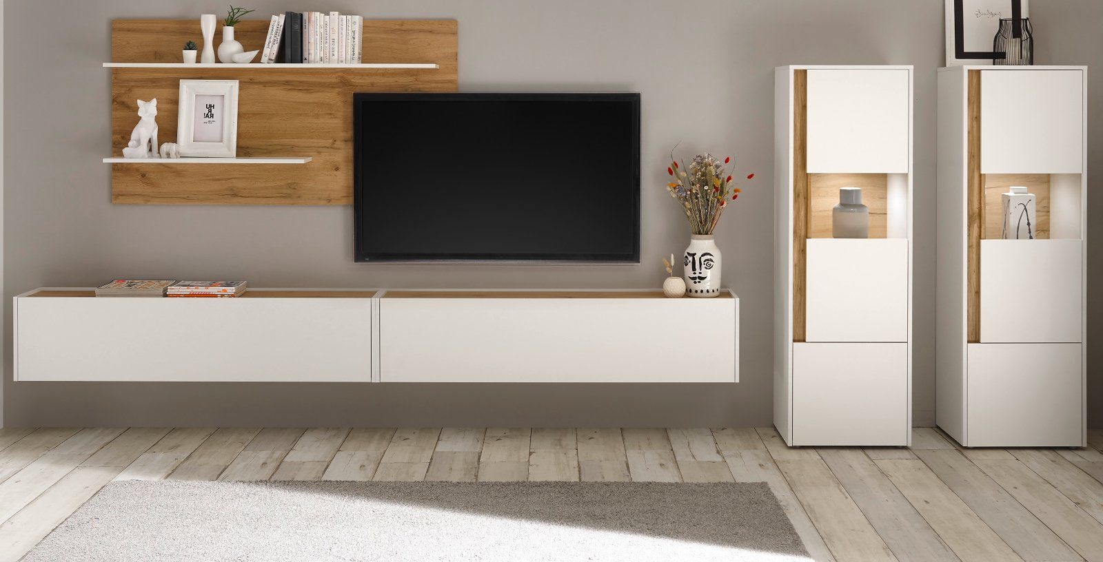 Furn.Design Wohnwand Center, (Set 5-teilig in weiß mit Wotan Eiche, 440 x 180 cm), mit Hänge-Lowboard