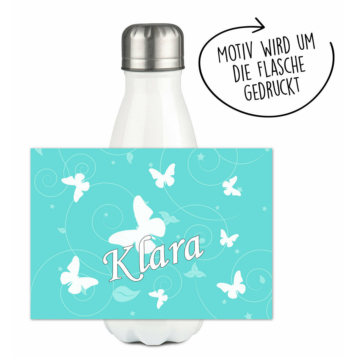 Edelstahl Kinder Thermoflasche / Trinkflasche bunt Schmetterling Ornamente Farbe türkis Spülmaschinenfest, Auslaufsicher, Bruchfest, Doppelwandig, Für Heißgetränke geeignet, Mit Deckel, Isoliert