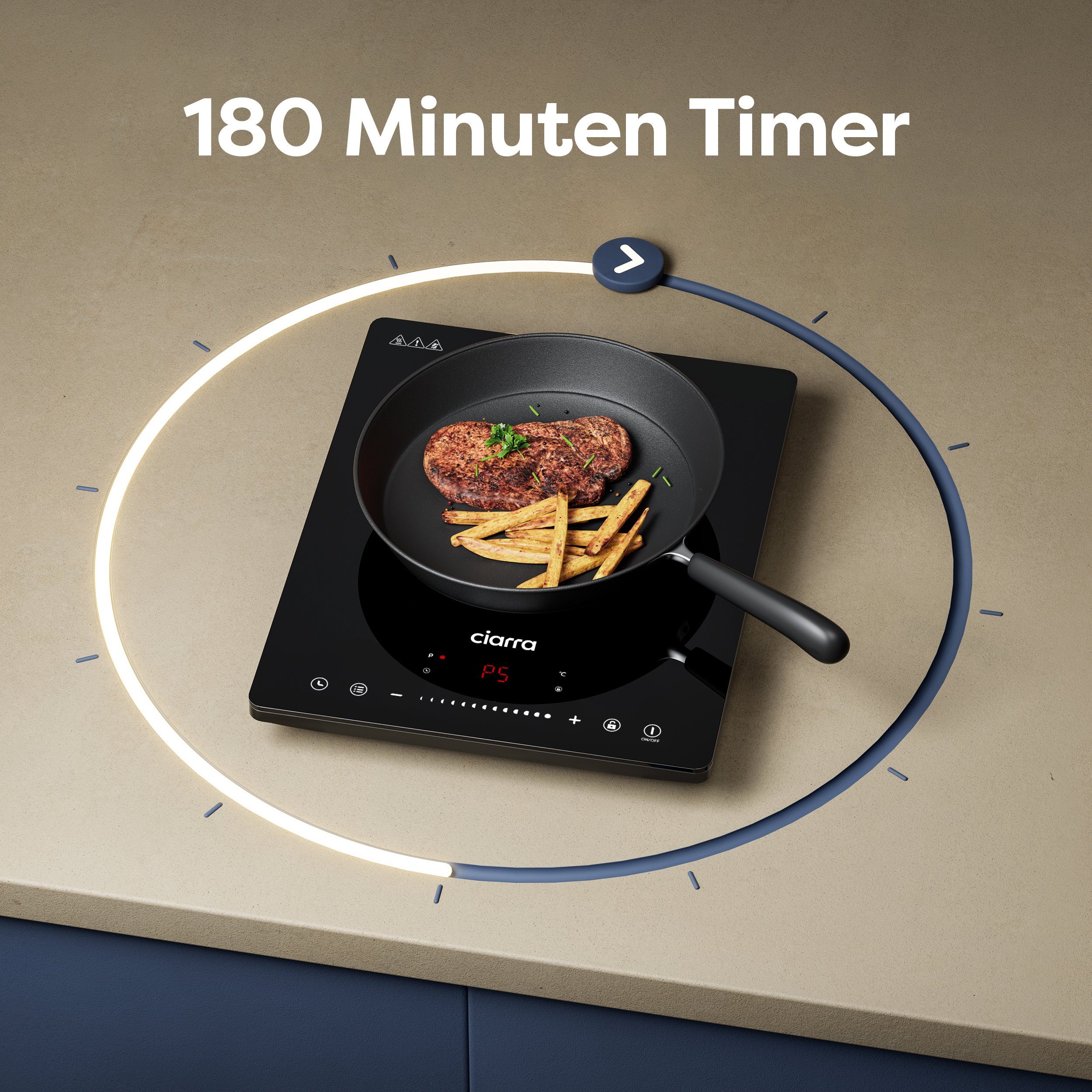 CIARRA Einzel-Induktionskochplatte CBTIH1, Induktionskochfeld 8 Stufen Timer