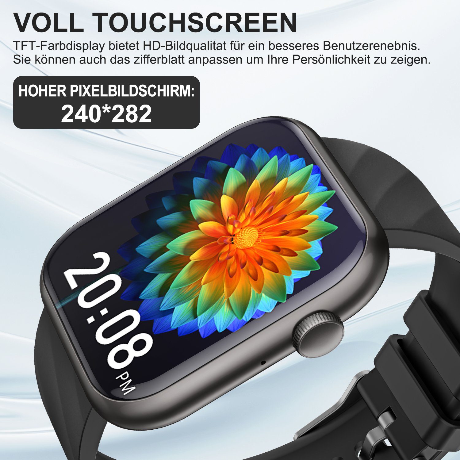walkbee smartwatch,Fitness Tracker uhr für Damen Herren mit Telefonfunktion Smartwatch (5 cm/1.96 Zoll Full-Touch Zoll) IP67 Wasserdicht Fitness Uhr, 4 Austauschbare Armbänder