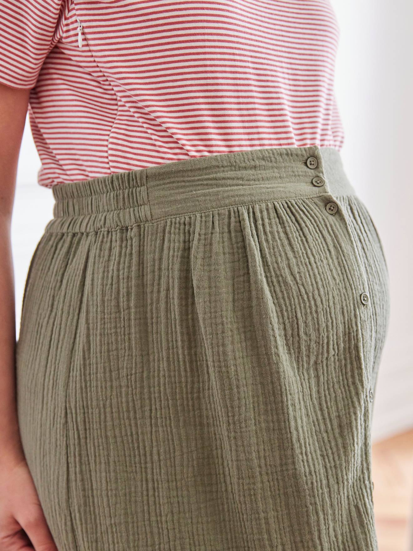 Jupe longue de grossesse en gaze de coton olive